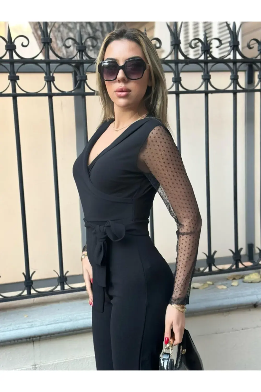 Kadın Uzun Kollu Kruvaze Yakalı Kolları Tül Detay Beli Kuşaklı It