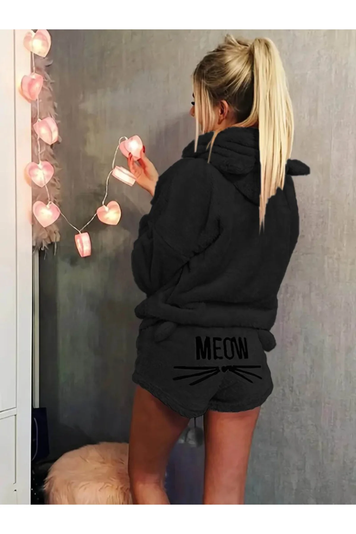 Kadın Uzun Kollu Meow Kedi Nakışlı Kapşonlu Peluş Sweat Ve Short 