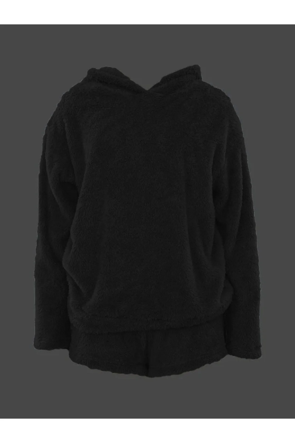 Kadın Uzun Kollu Meow Kedi Nakışlı Kapşonlu Peluş Sweat Ve Short 