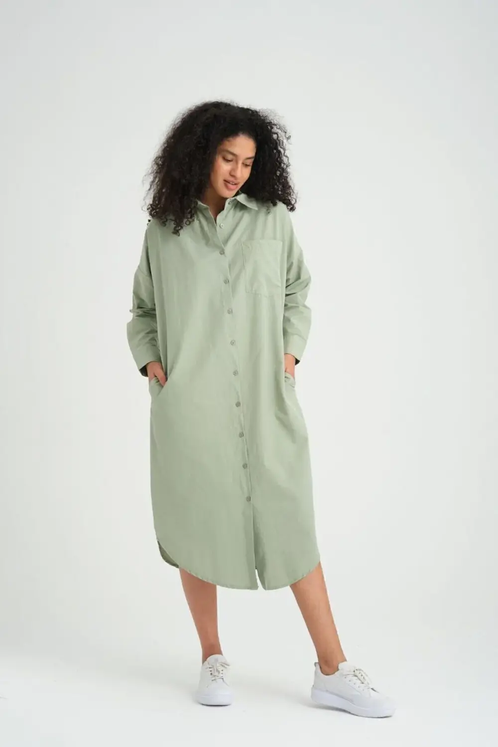 Kadın Uzun Kollu Poplin Cepli Oversize Uzun Günlük Spor Tunik Göm