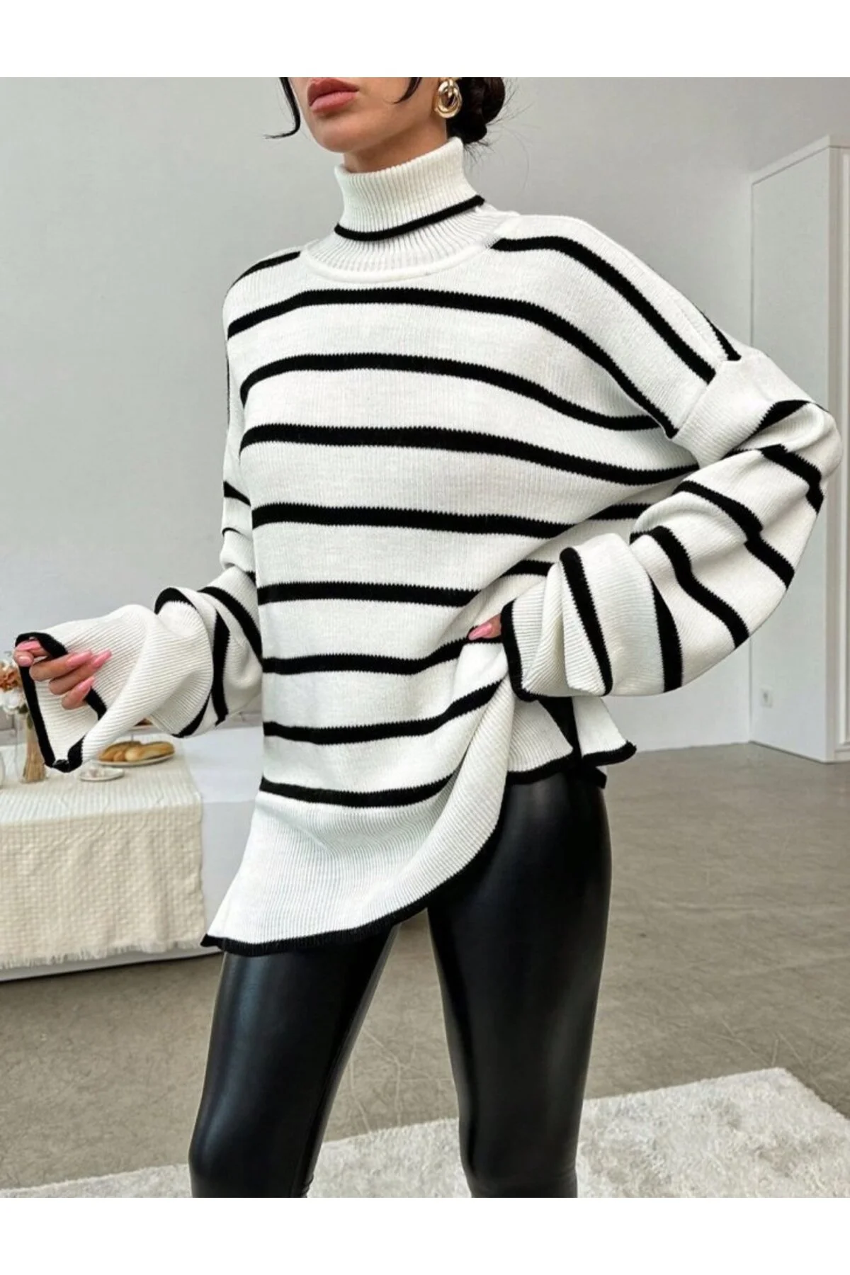 Kadın Uzun Kollu şerit Detay Triko Tunik