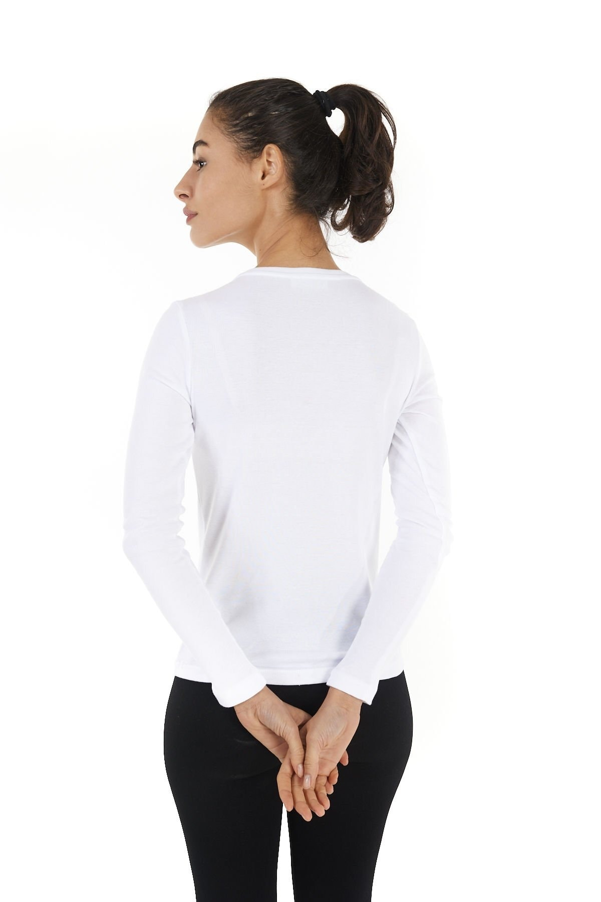 Kadın V Yaka Uzun Kollu Regular Fit Basic Tişört Siyah