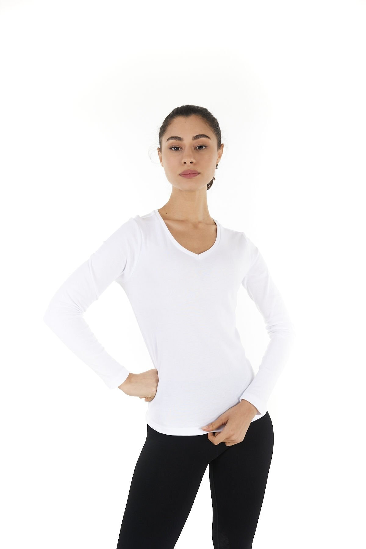 Kadın V Yaka Uzun Kollu Regular Fit Basic Tişört Siyah