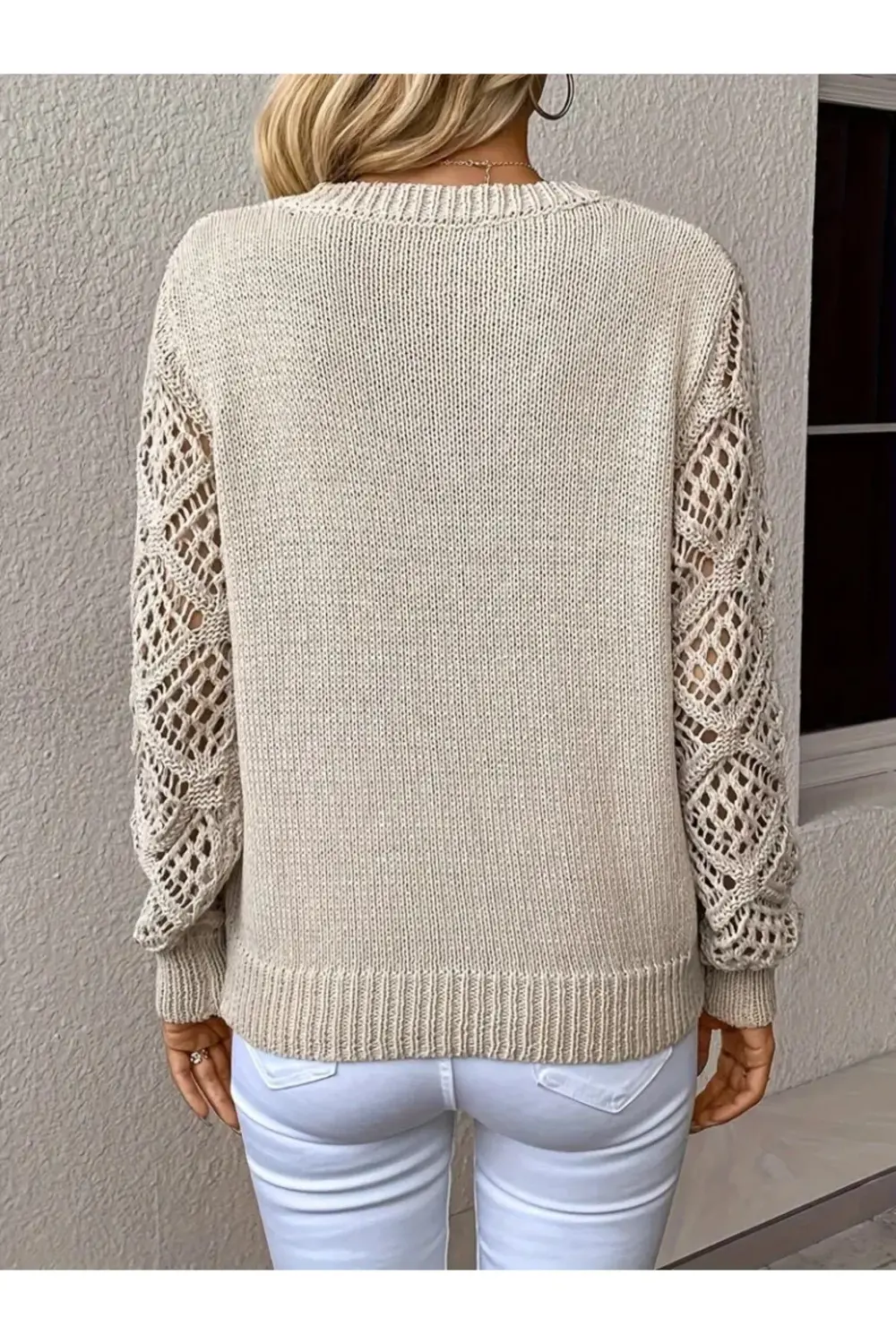 Kadın Uzun Kollu V Yaka Kol Delikli Baklava Desen Detaylı Triko K Kadın Uzun Kollu V Yaka Kol Delikli Baklava Desen Detaylı Triko K