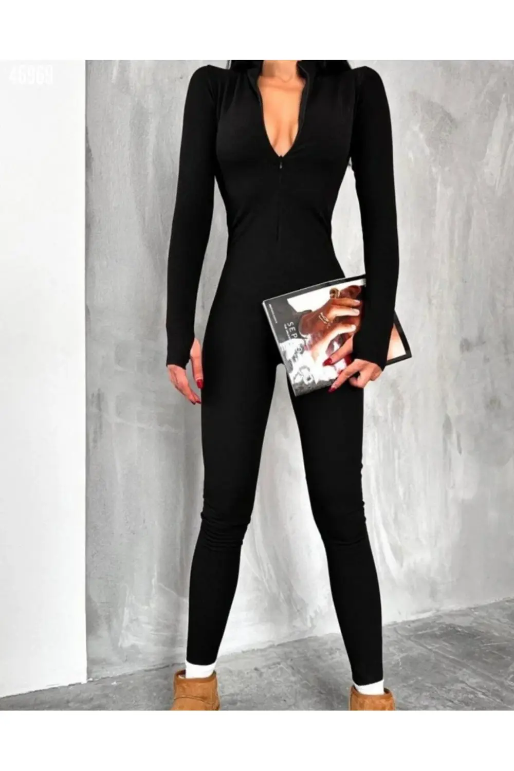 Kadın Uzun Kollu V Yaka Parmak Geçirmeli Detay Kaşkorse Tulum