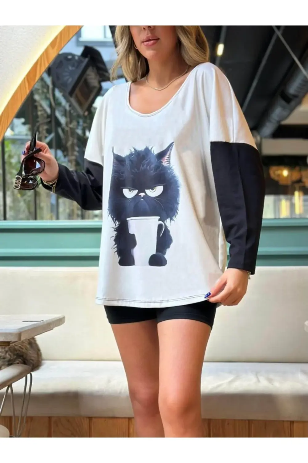 Kadın Uzun Kollu V Yakalı Kedi Baskılı şardonlu Dalgıç Bluz