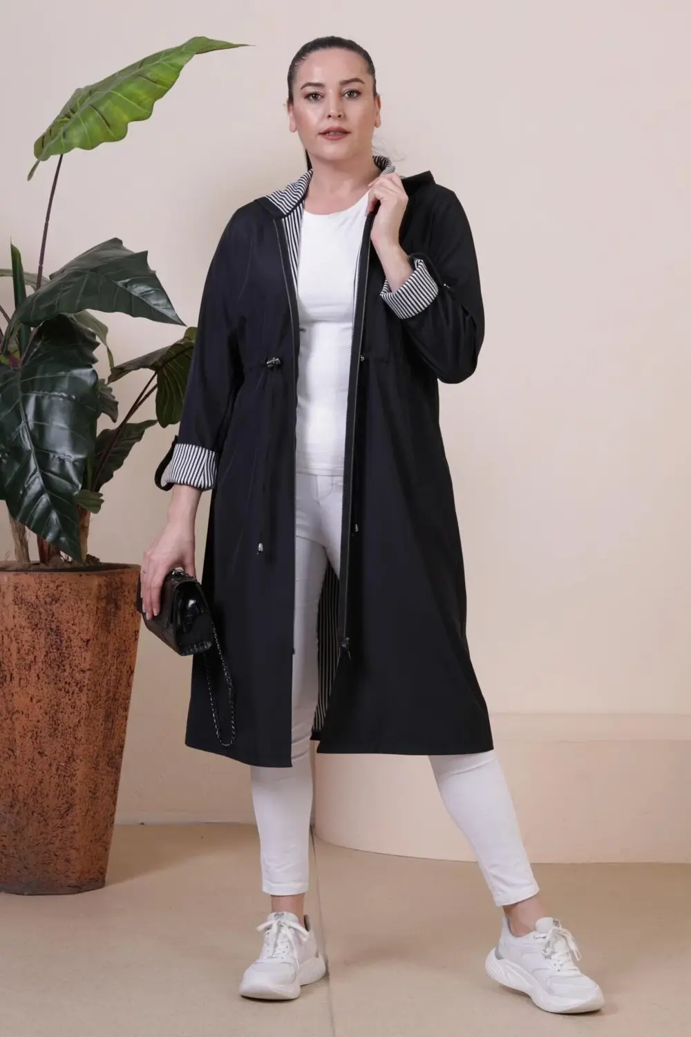 Kadin Uzun Tesettur Trenckot Buyuk Beden Fermuarlı Trenc