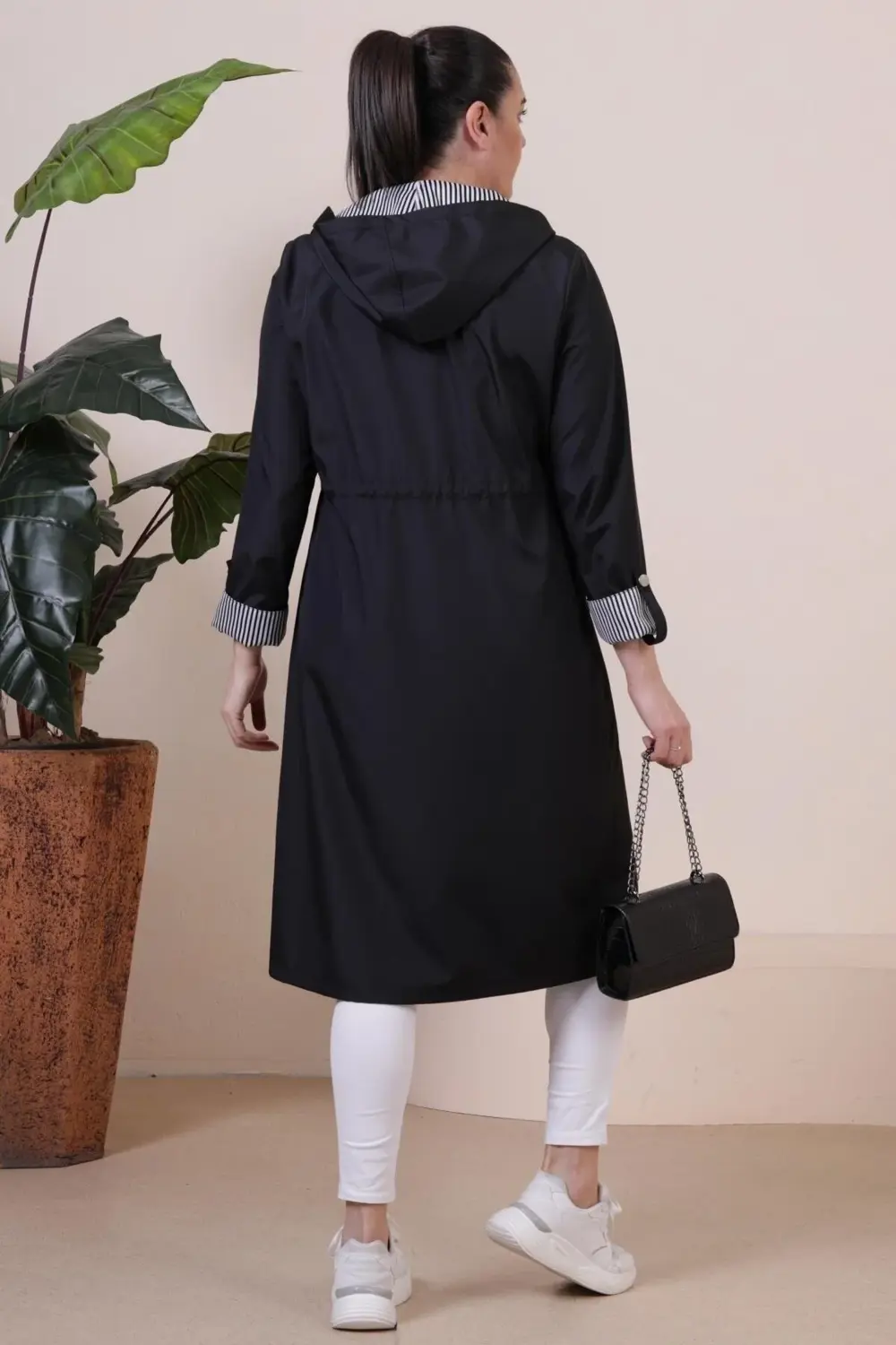 Kadin Uzun Tesettur Trenckot Buyuk Beden Fermuarlı Trenc