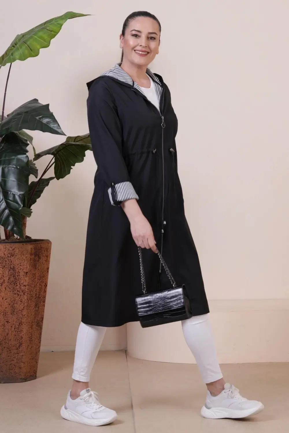 Kadin Uzun Tesettur Trenckot Buyuk Beden Fermuarlı Trenc