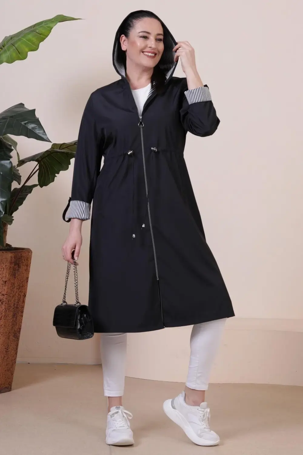 Kadin Uzun Tesettur Trenckot Buyuk Beden Fermuarlı Trenc