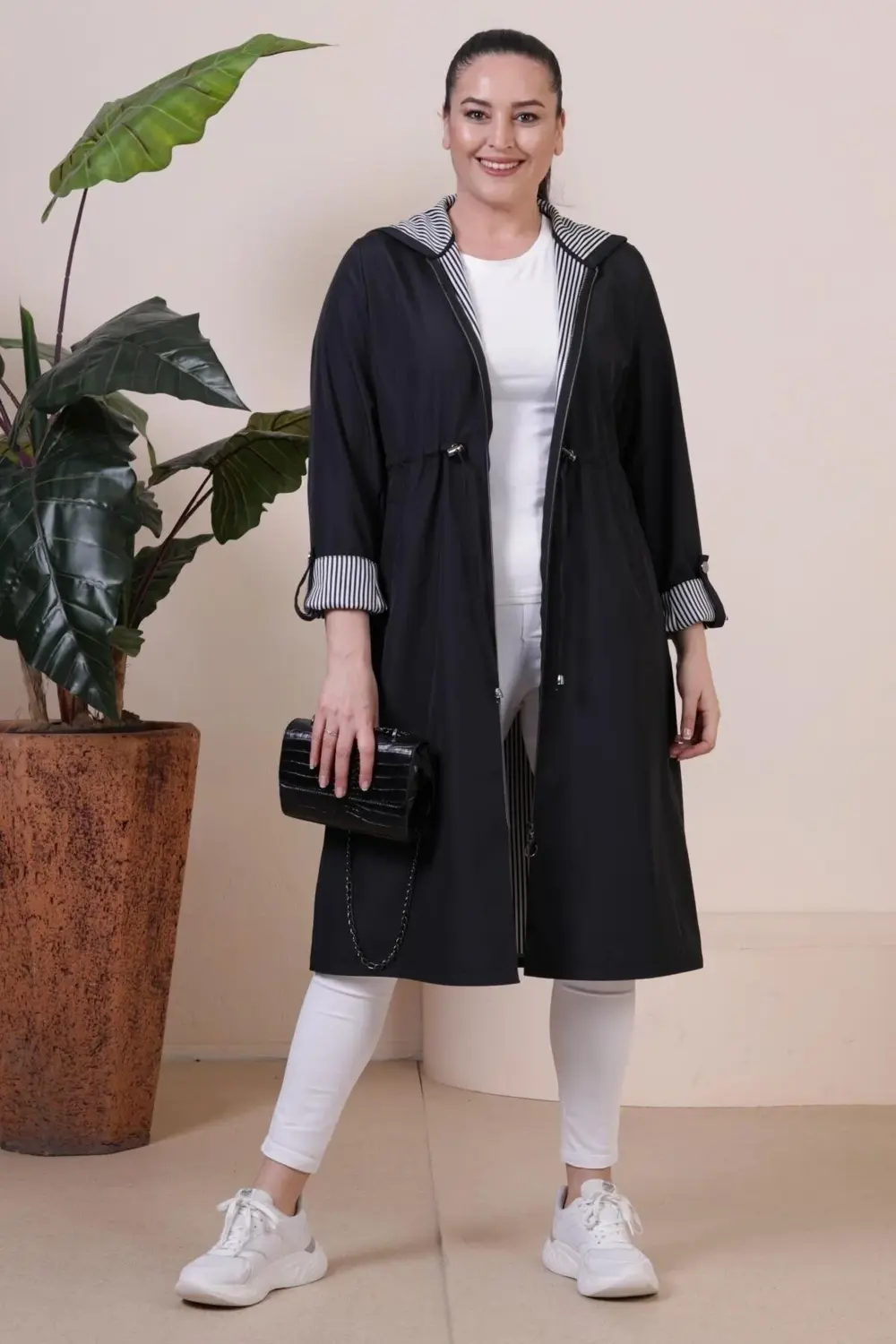 Kadin Uzun Tesettur Trenckot Buyuk Beden Fermuarlı Trenc