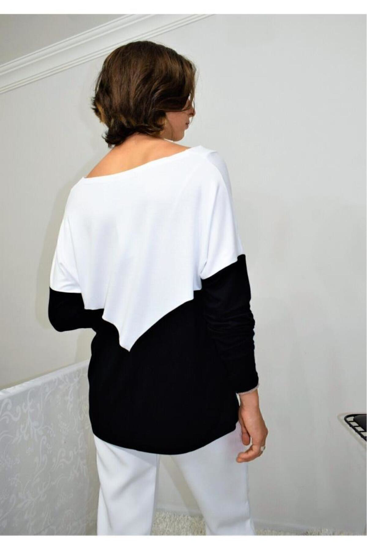 Kadın V Yaka Color Block Yumuşak Dokulu Rahat 3 Iplik Penye Bluz