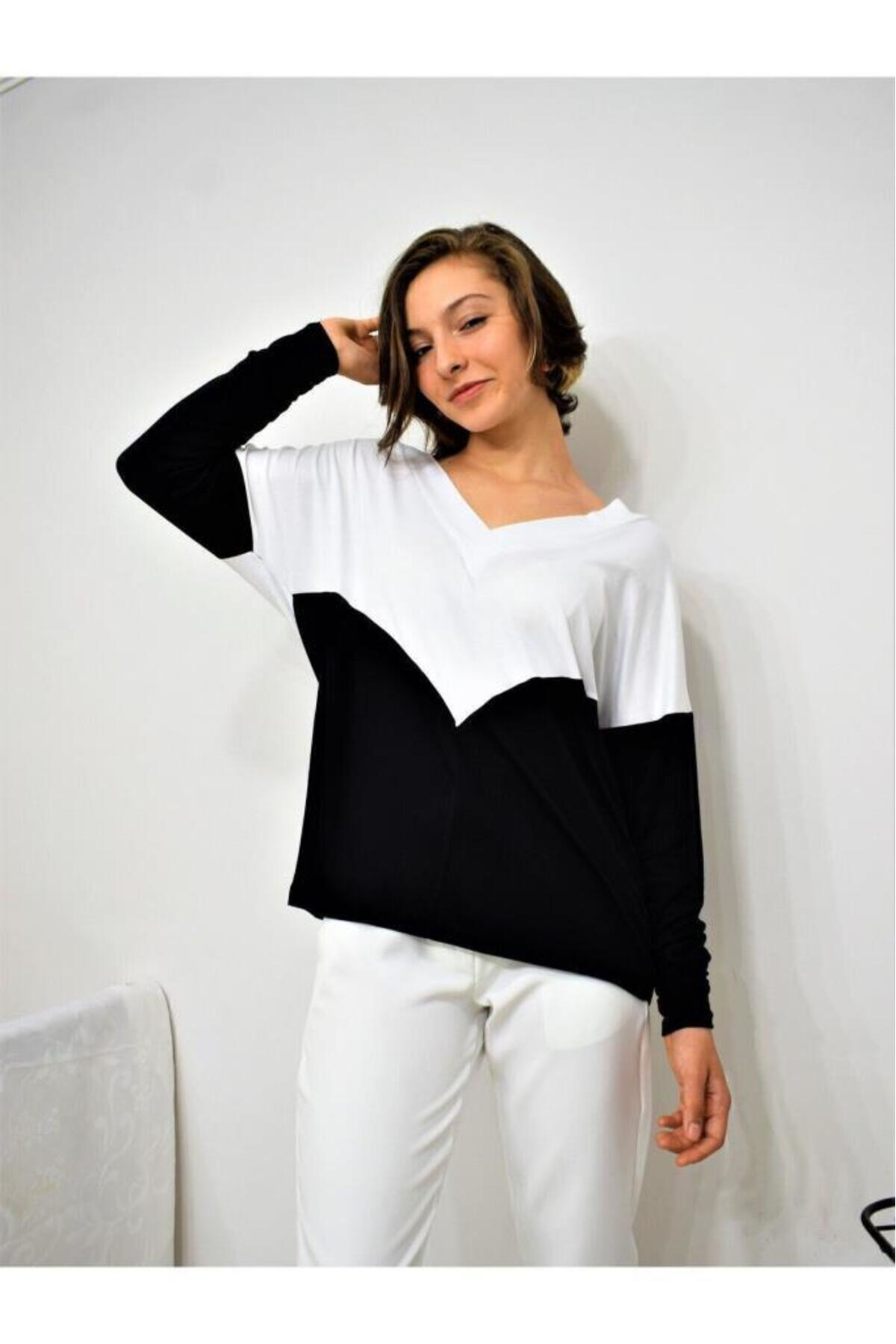 Kadın V Yaka Color Block Yumuşak Dokulu Rahat 3 Iplik Penye Bluz
