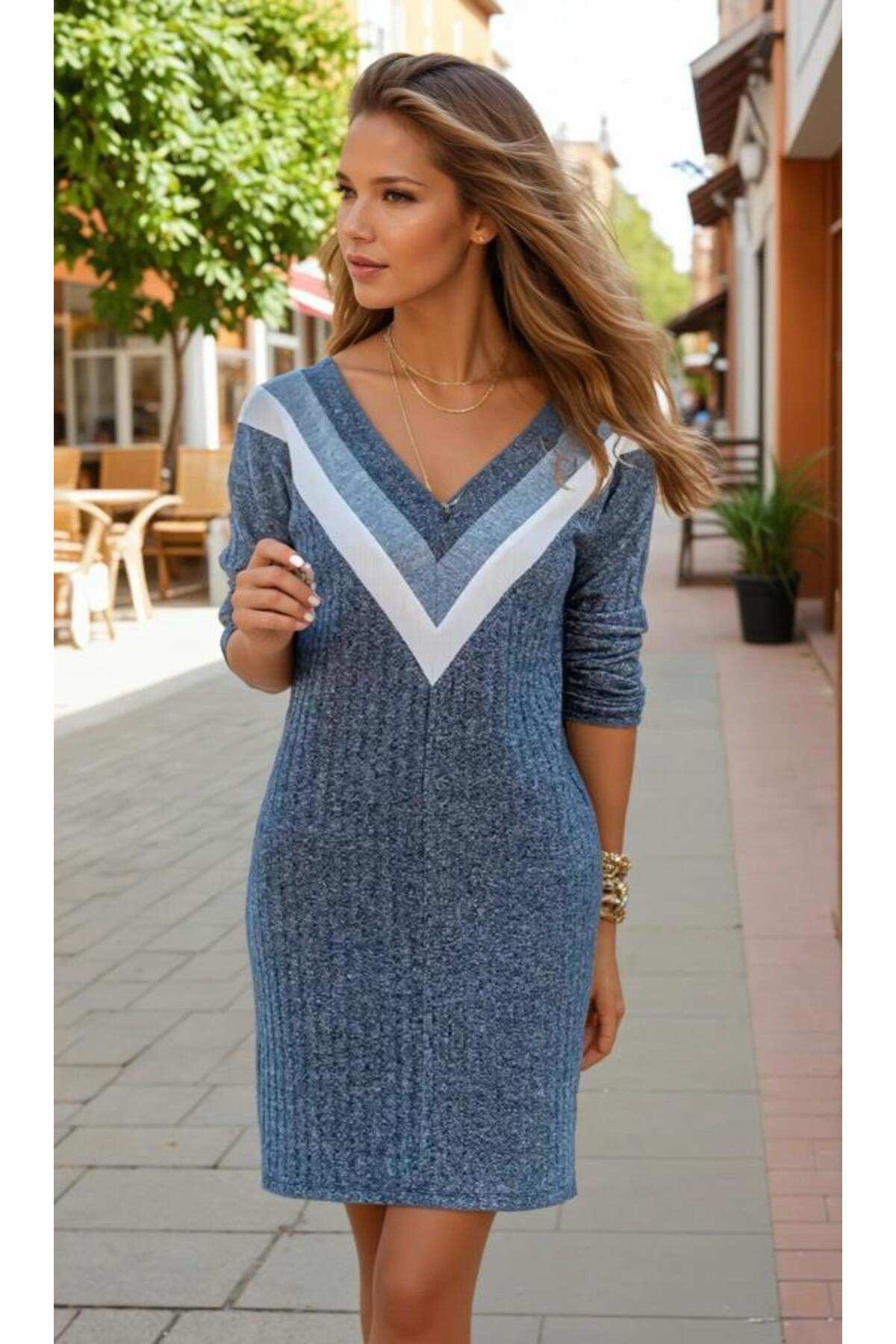 Pasaklı Giyim Kadın V Yaka Deri Garnili Uzun Kollu Midi Boy Yumuşak Pamuklu Uzu