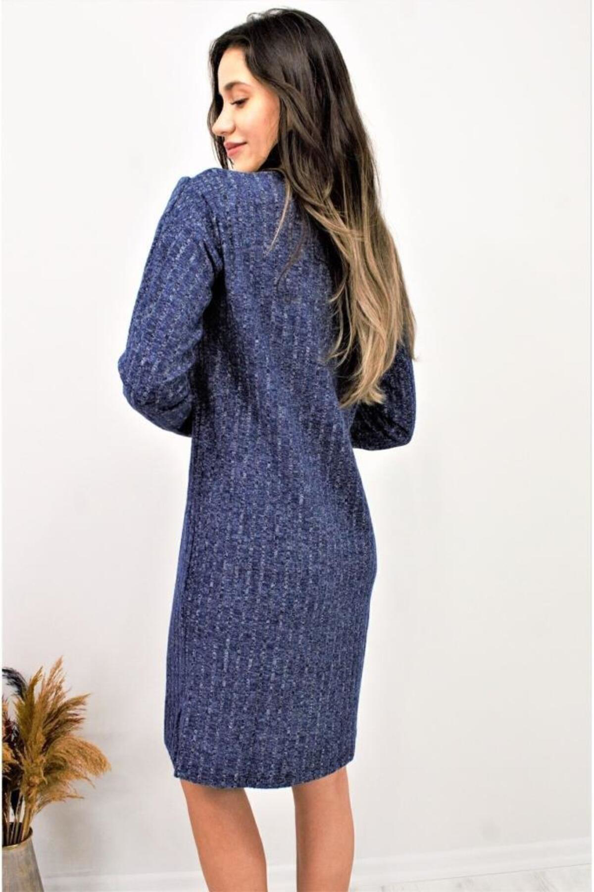 Pasaklı Giyim Kadın V Yaka Deri Garnili Uzun Kollu Midi Boy Yumuşak Pamuklu Uzu