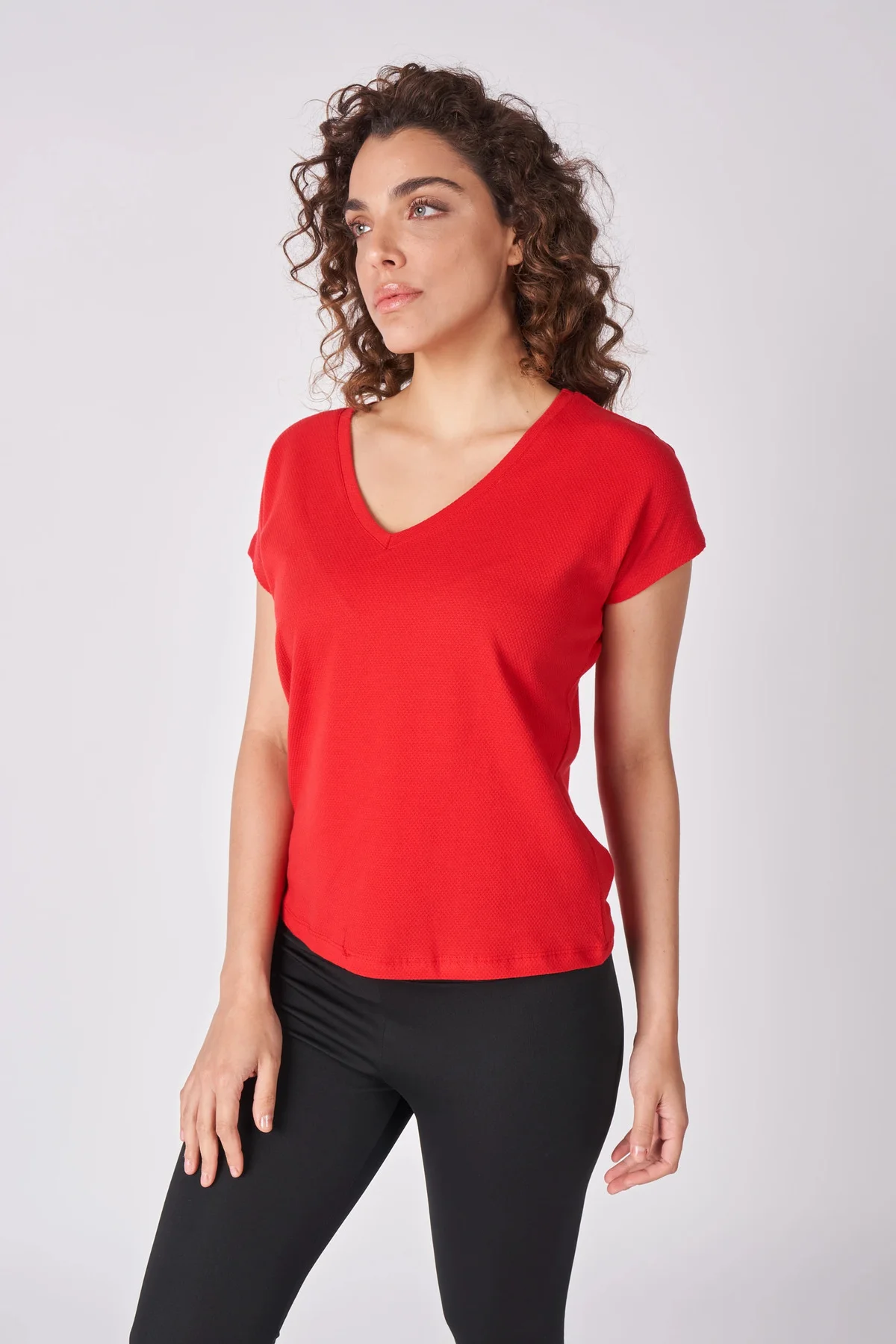 Kadın V Yaka Kısa Kollu Dokulu Regular Fit Basic Tişört Mor