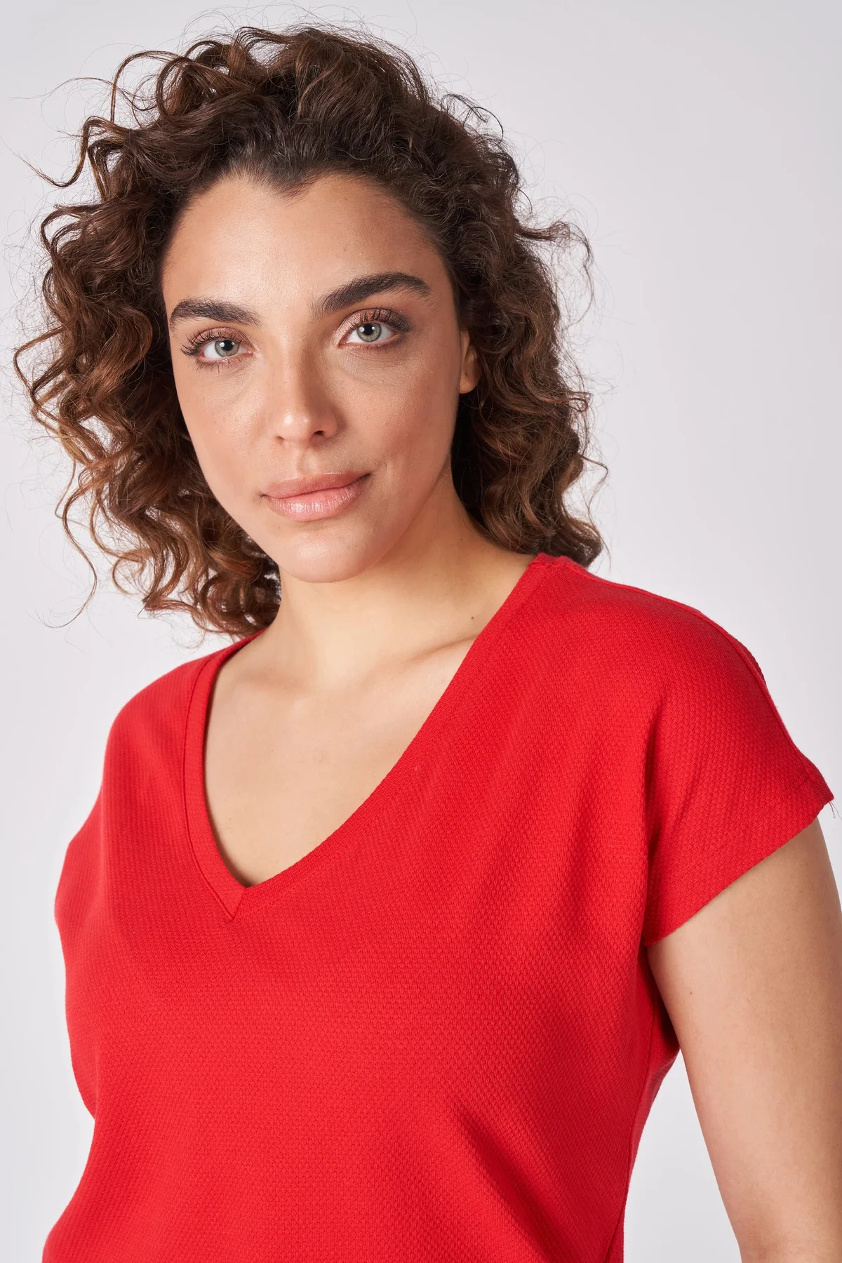 Kadın V Yaka Kısa Kollu Dokulu Regular Fit Basic Tişört Mor