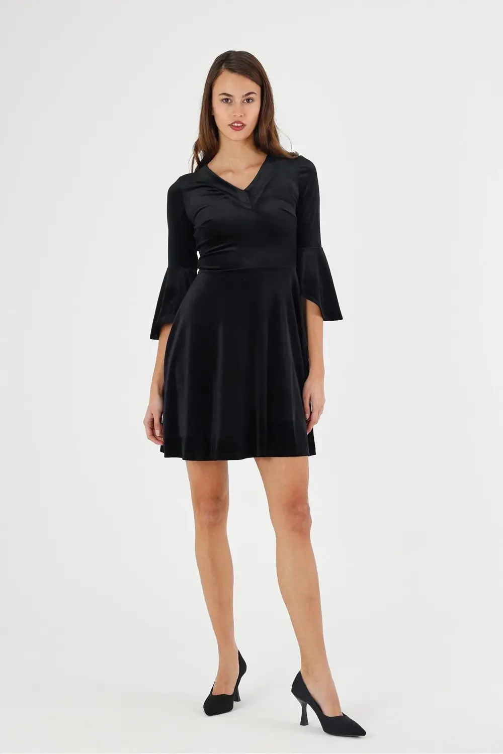 Kadın V Yaka Kolu Volan Detaylı Kadife Kısa Elbise 4460-95
