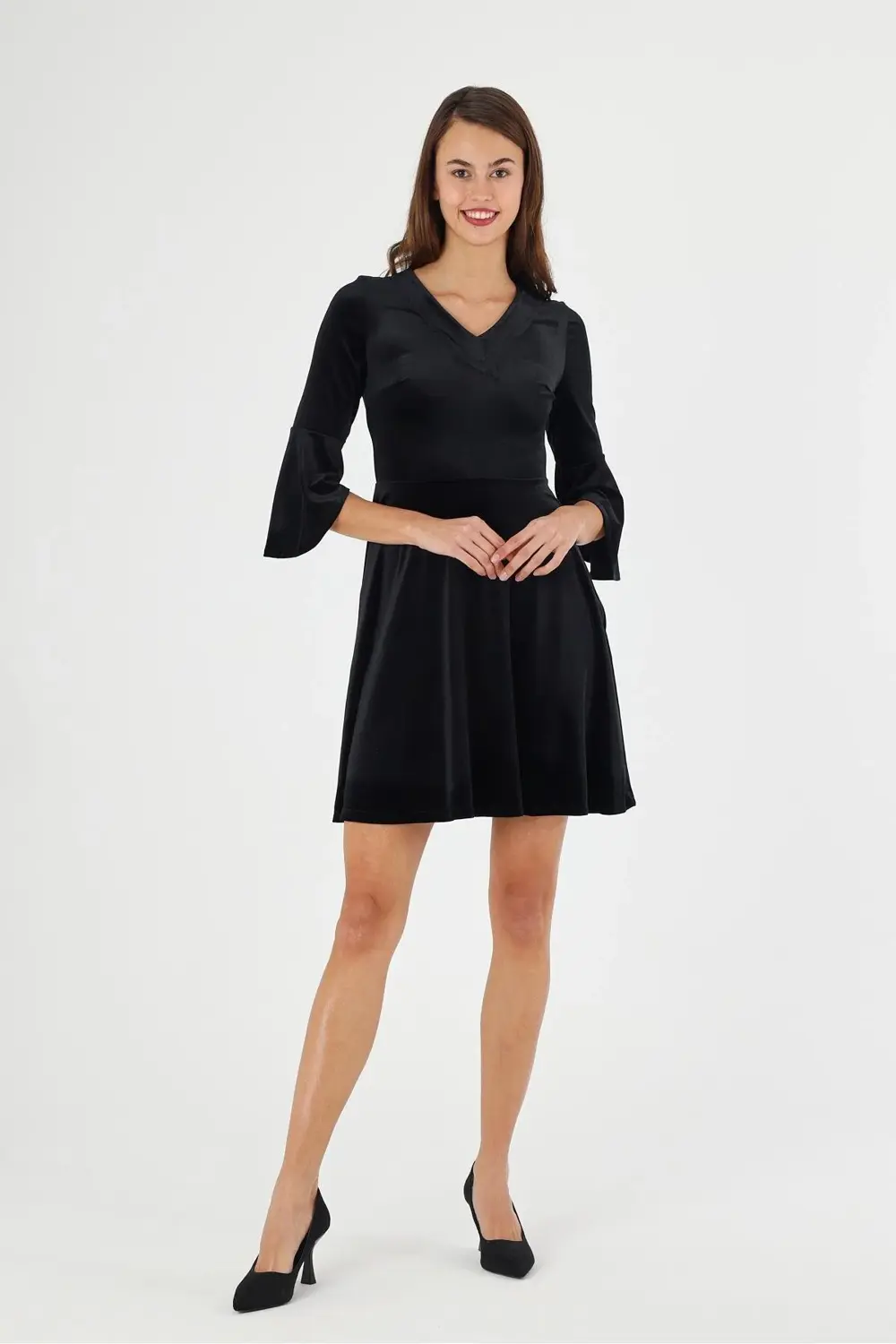 Kadın V Yaka Kolu Volan Detaylı Kadife Kısa Elbise 4460-95