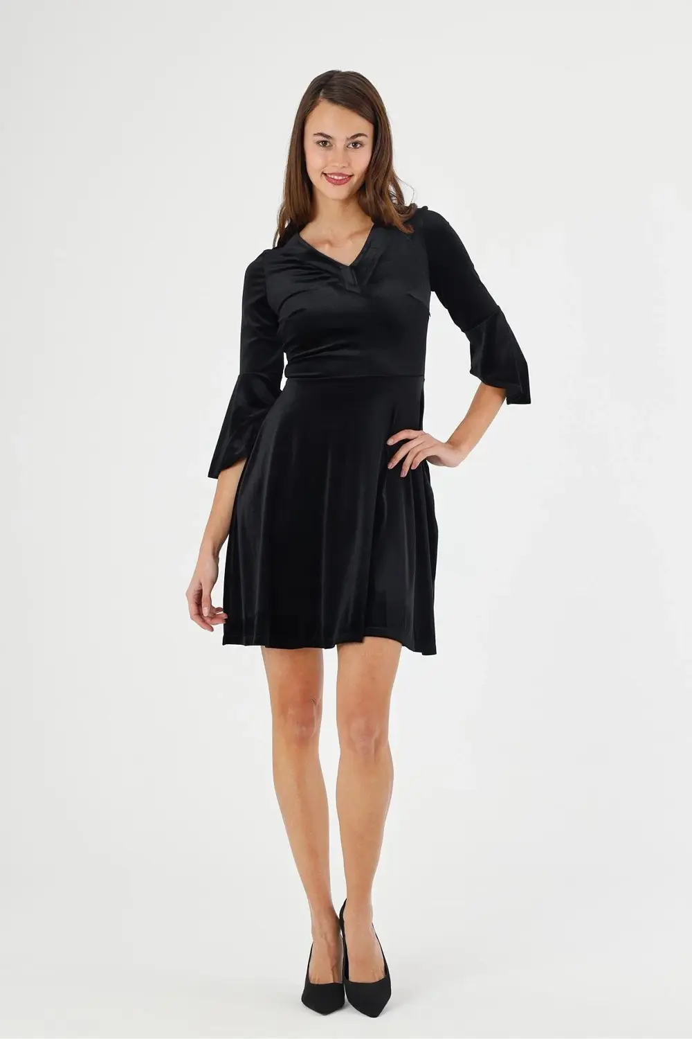 Kadın V Yaka Kolu Volan Detaylı Kadife Kısa Elbise 4460-95