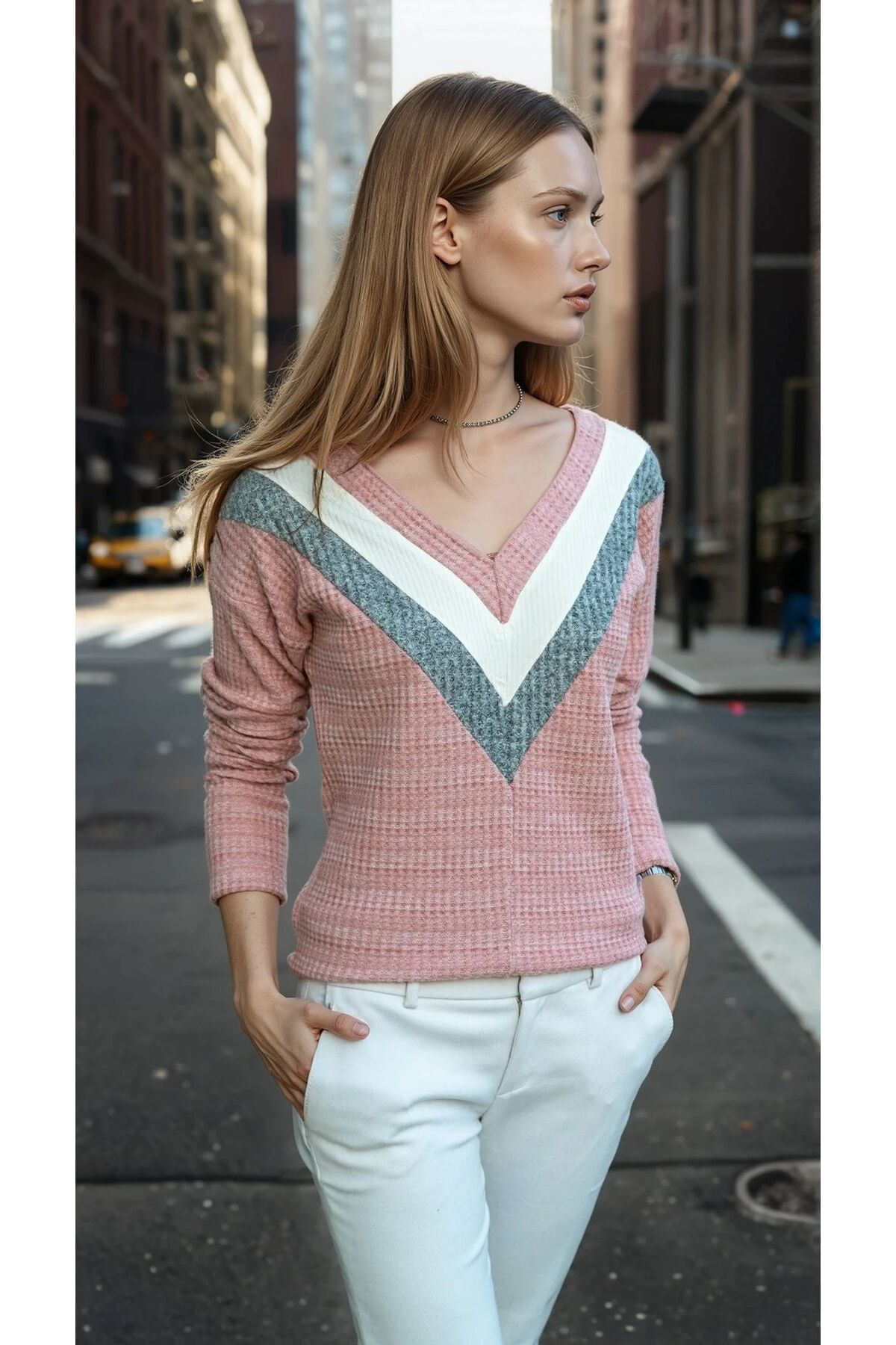 Pasaklı Giyim Kadın V Yaka Pudra Pembe Çok Renkli Uzun Kollu Pamuklu Yumuşak Ta