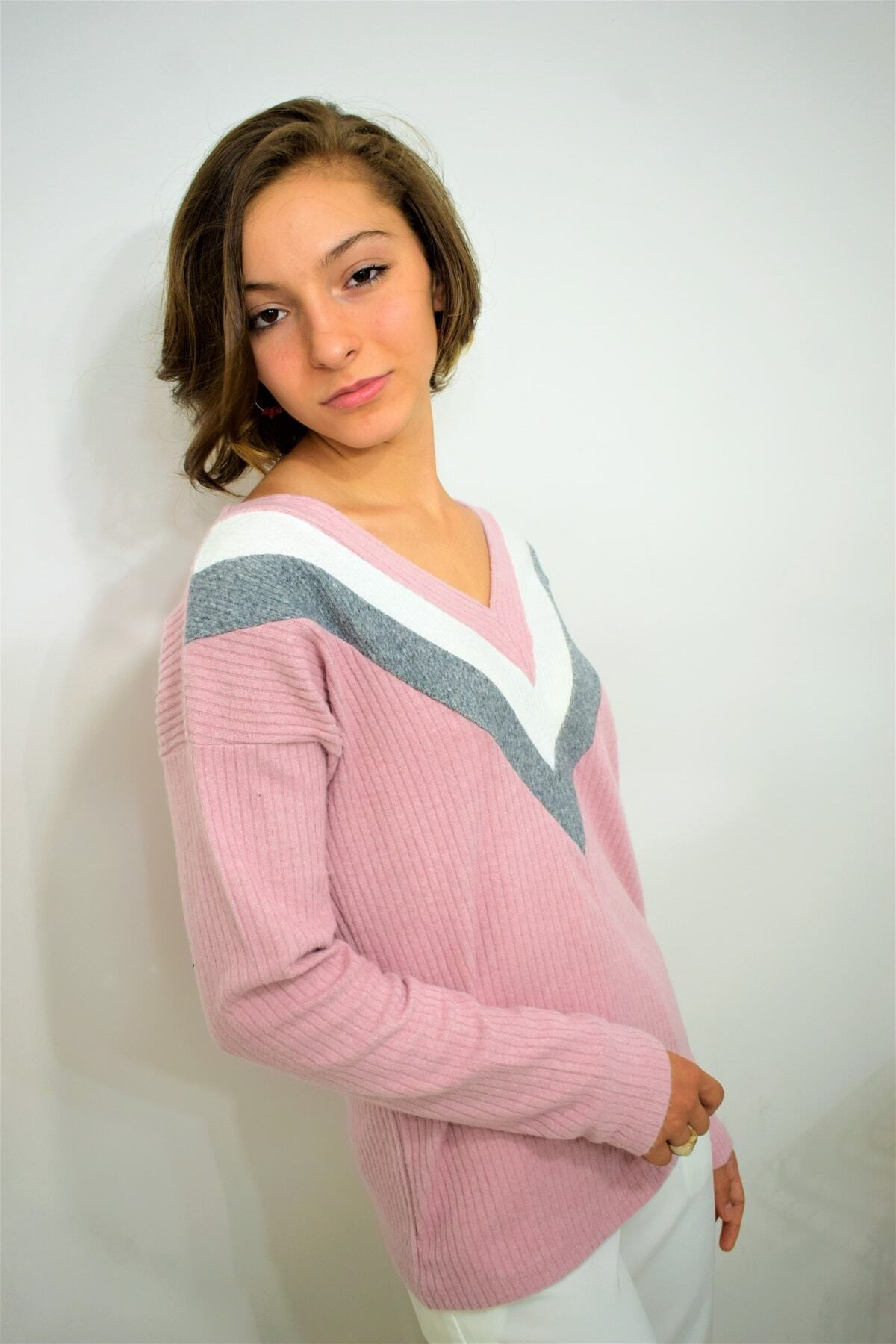 Pasaklı Giyim Kadın V Yaka Pudra Pembe Çok Renkli Uzun Kollu Pamuklu Yumuşak Ta