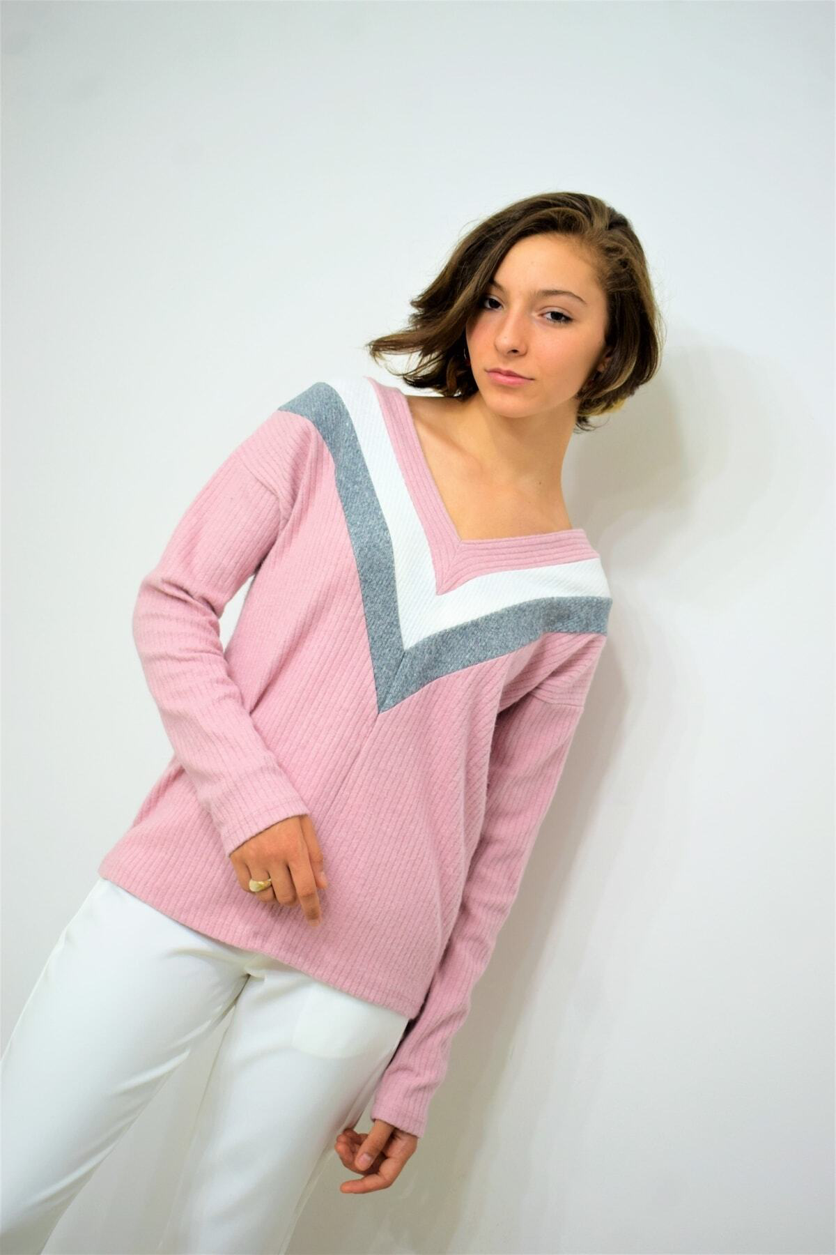 Pasaklı Giyim Kadın V Yaka Pudra Pembe Çok Renkli Uzun Kollu Pamuklu Yumuşak Ta