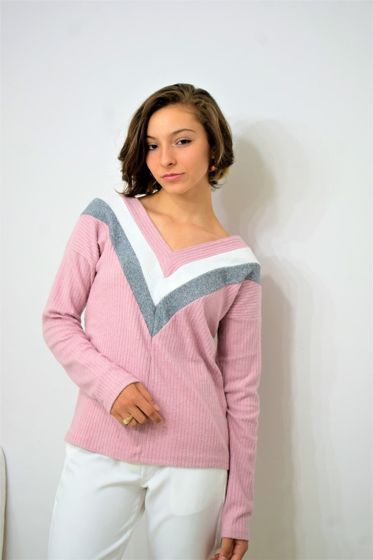 Pasaklı Giyim Kadın V Yaka Pudra Pembe Çok Renkli Uzun Kollu Pamuklu Yumuşak Ta