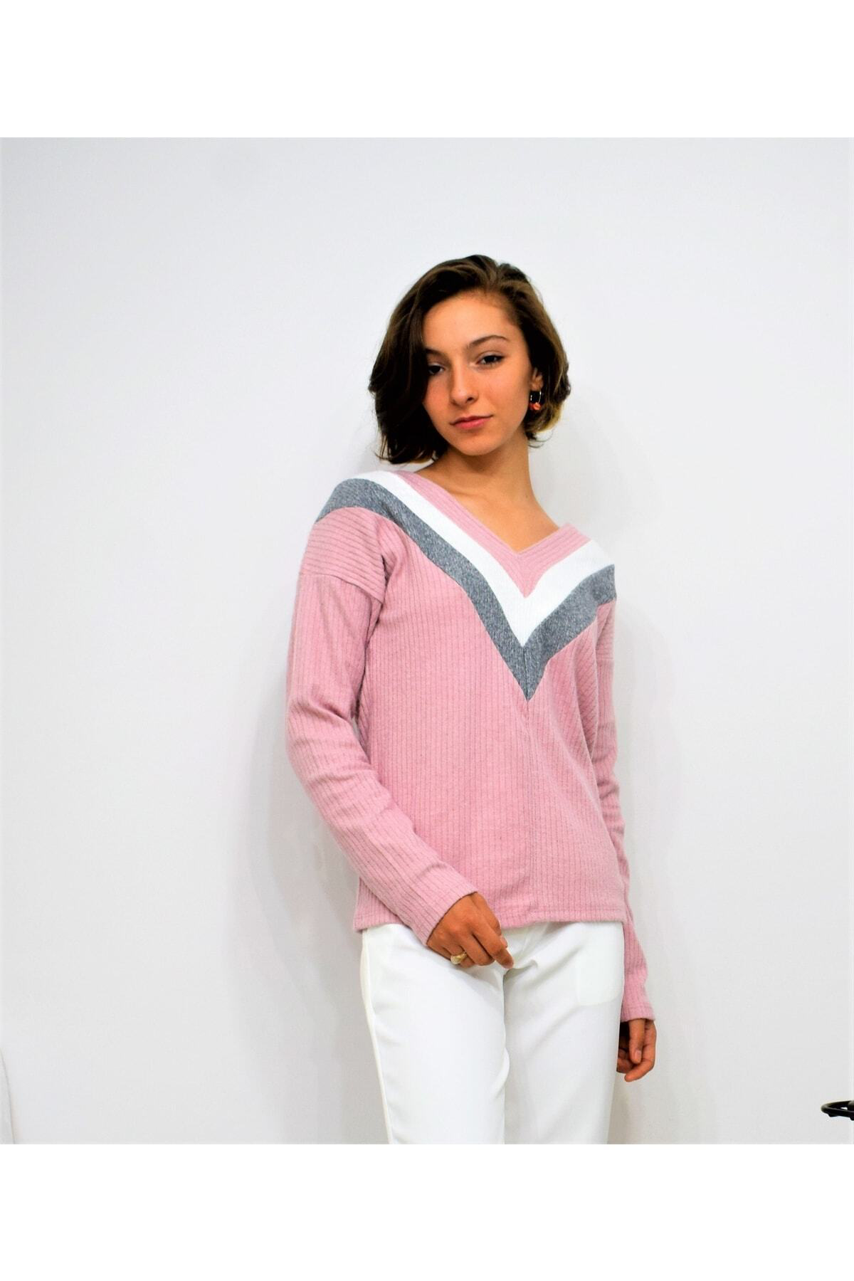Pasaklı Giyim Kadın V Yaka Pudra Pembe Çok Renkli Uzun Kollu Pamuklu Yumuşak Ta