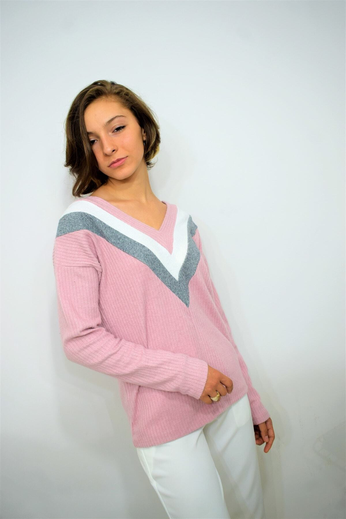 Pasaklı Giyim Kadın V Yaka Pudra Pembe Çok Renkli Uzun Kollu Pamuklu Yumuşak Ta