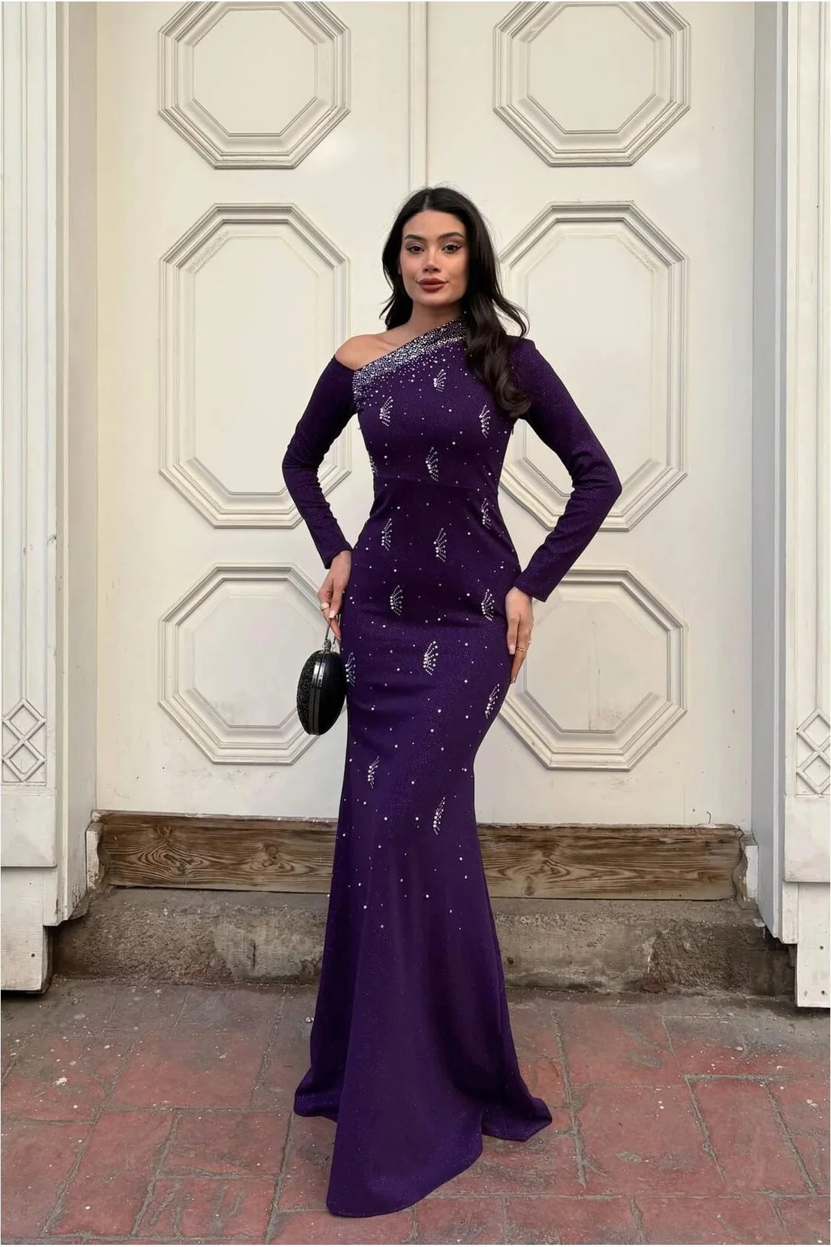 Kadın Vintage Krep Kumaş Tek Omuz Abiye Elbise