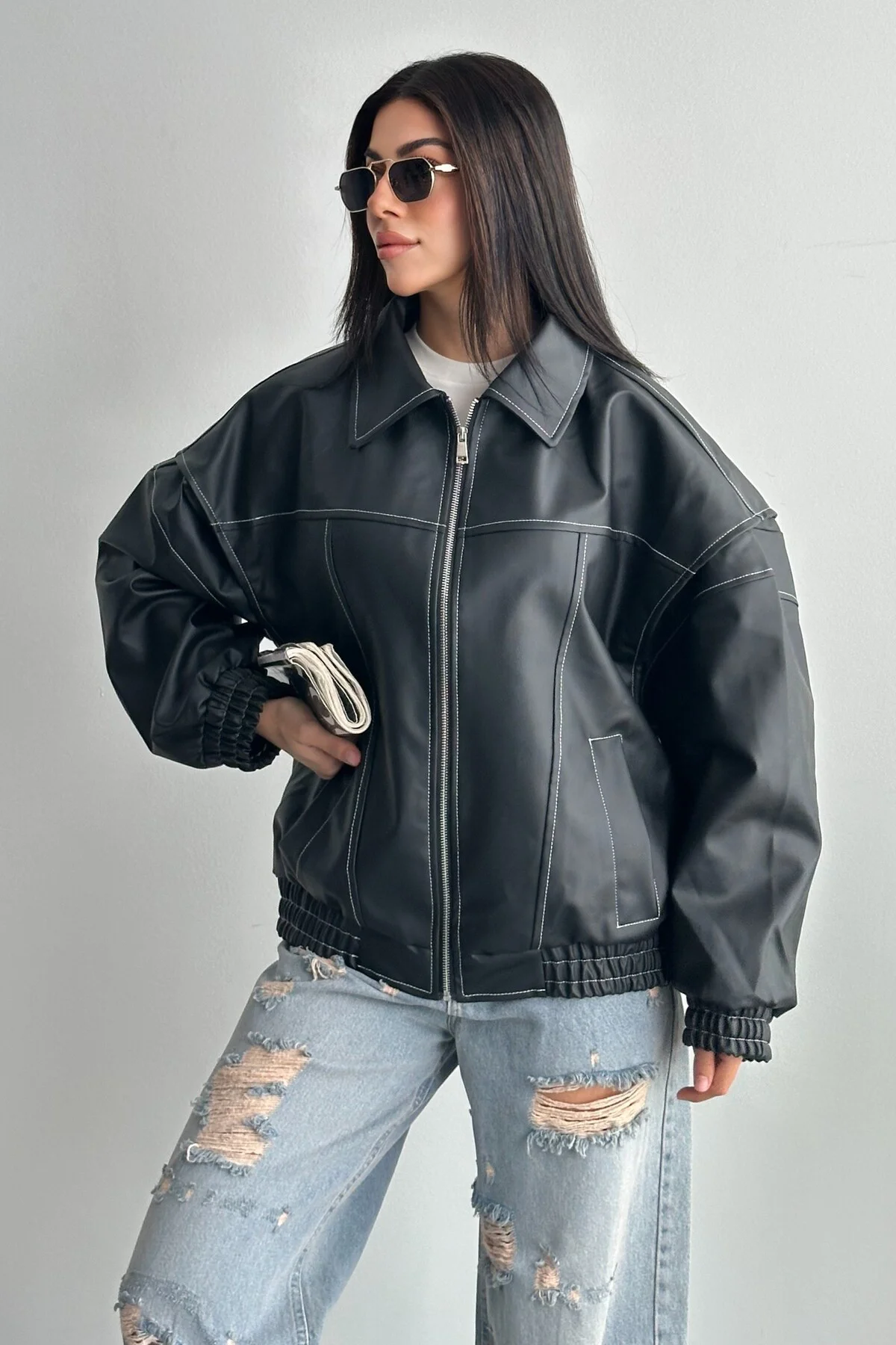 Kadın Vintage Oversize Siyah Deri Ceket - Bomber Kontrast Detaylı