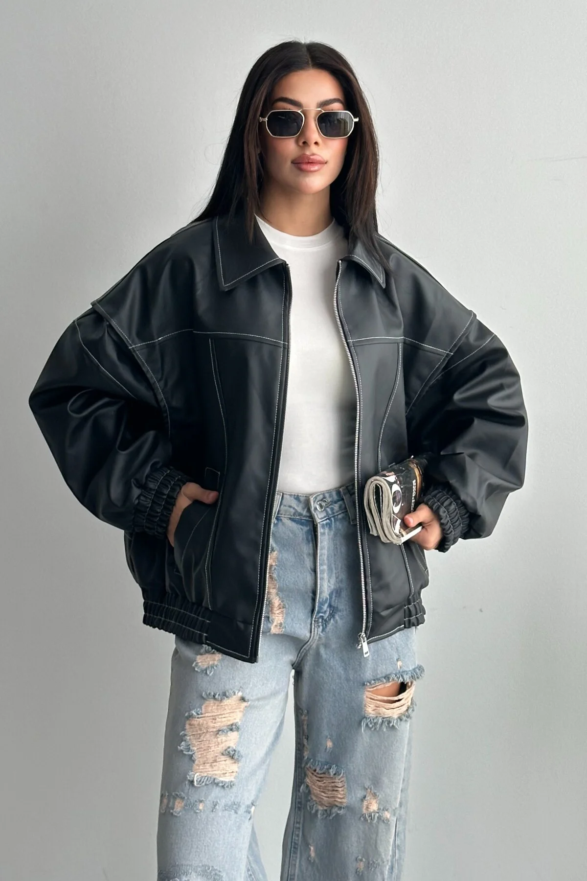Kadın Vintage Oversize Siyah Deri Ceket - Bomber Kontrast Detaylı