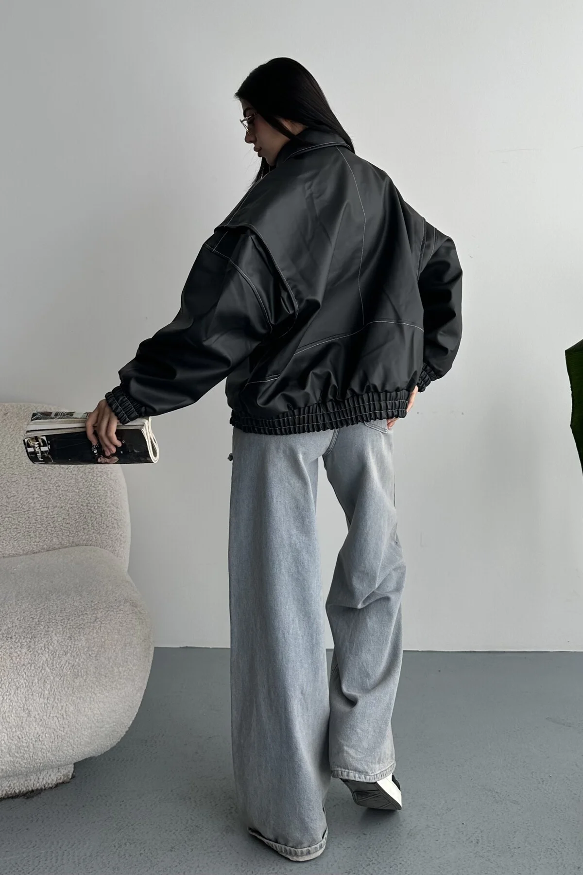 Kadın Vintage Oversize Siyah Deri Ceket - Bomber Kontrast Detaylı