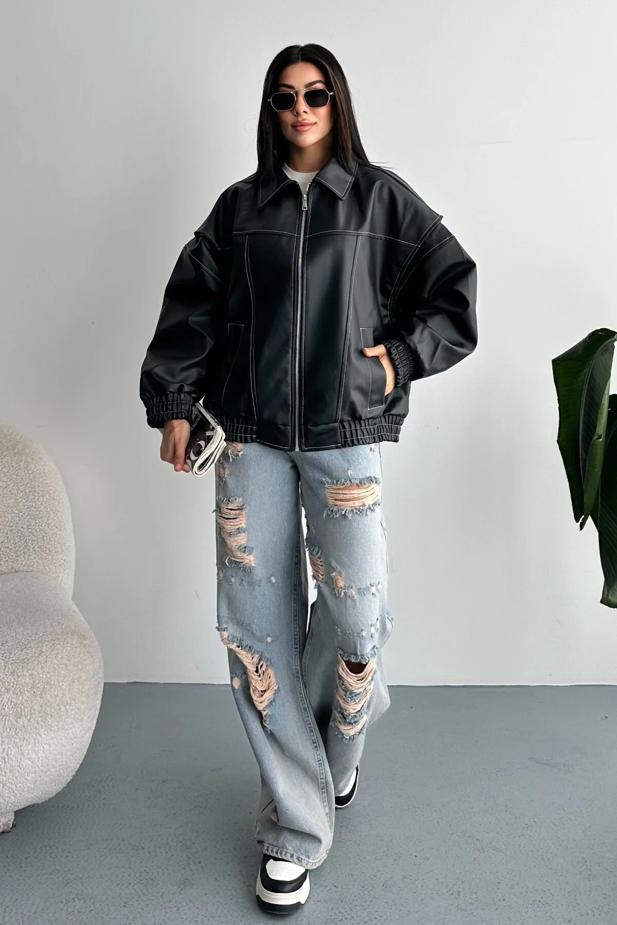 Kadın Vintage Oversize Siyah Deri Ceket - Bomber Kontrast Detaylı