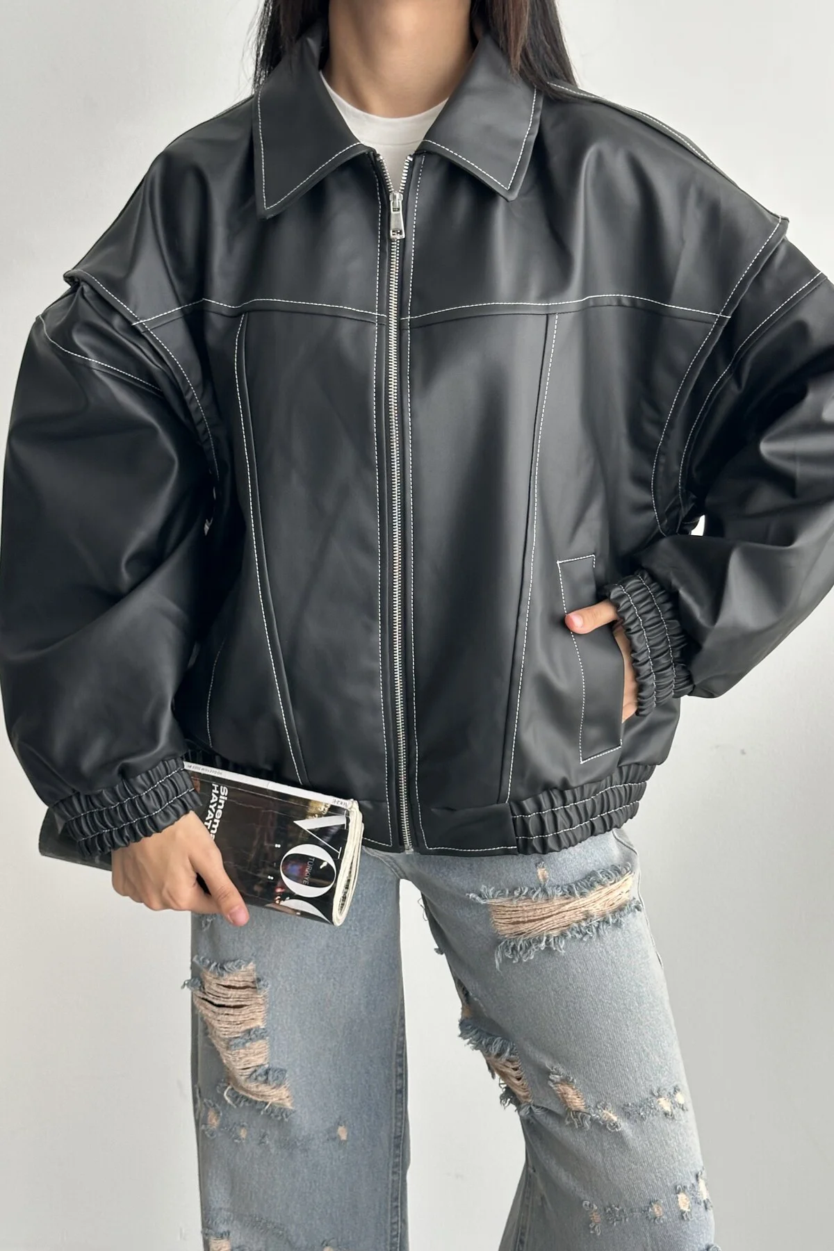 Kadın Vintage Oversize Siyah Deri Ceket - Bomber Kontrast Detaylı