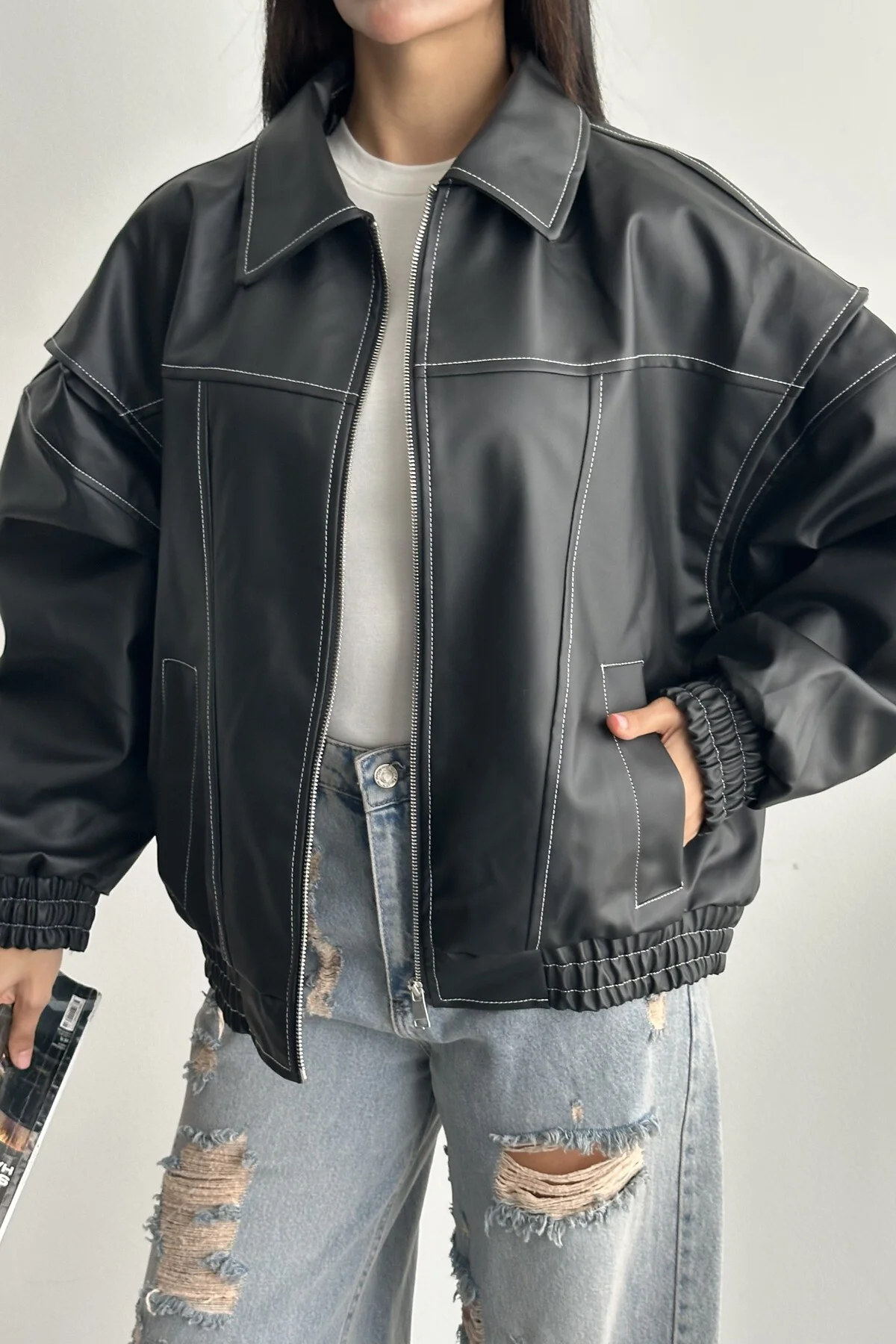 Kadın Vintage Oversize Siyah Deri Ceket - Bomber Kontrast Detaylı