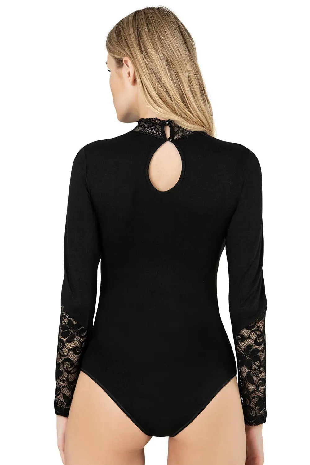 Kadın Viskon Esnek Yumuşak Yakası ve Kolları Dantel Dik Yaka Uzun