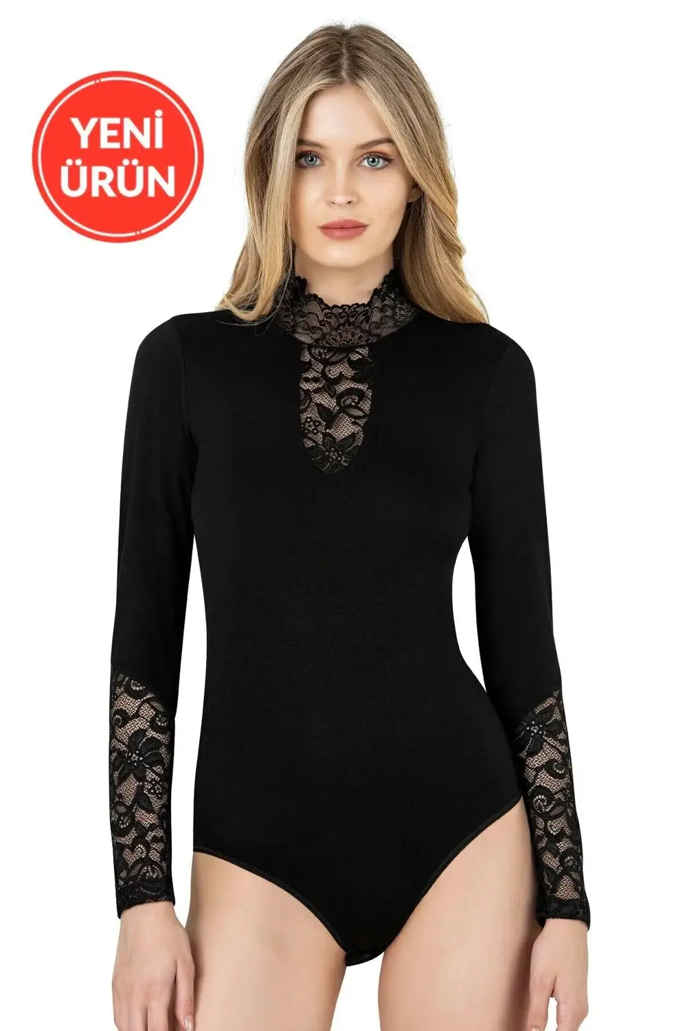 Kadın Viskon Esnek Yumuşak Yakası ve Kolları Dantel Dik Yaka Uzun