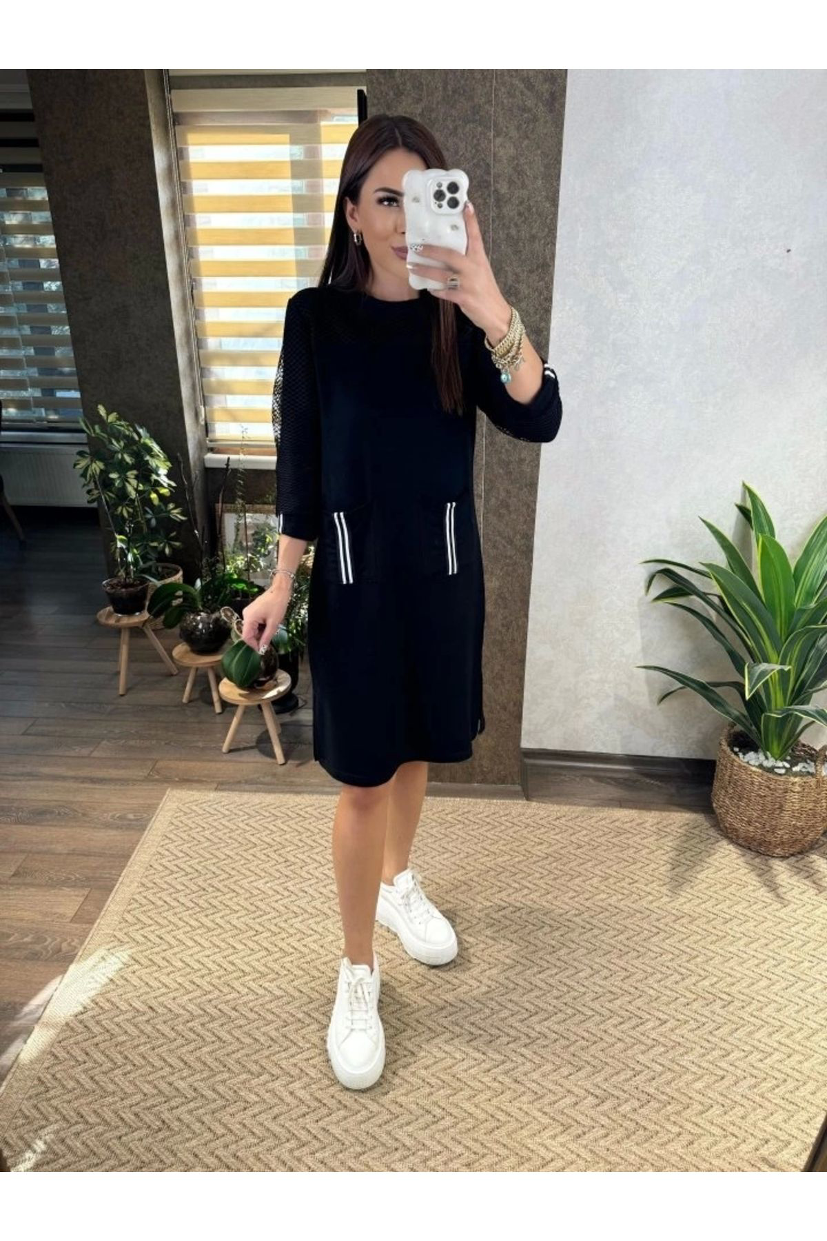 Kadın Viskon Pamuklu Kumaş Kol File , şerit Ve Cep Detaylı Elbise