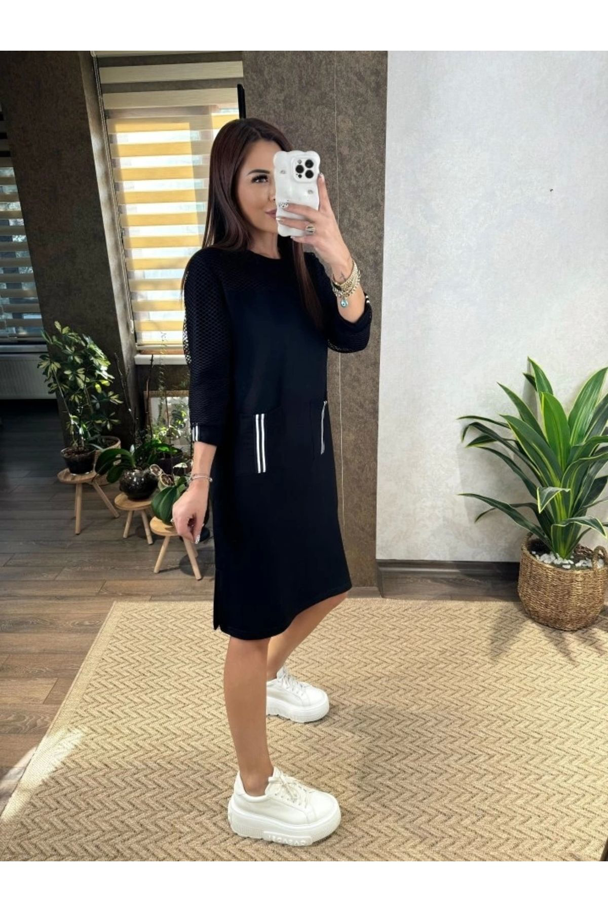 Kadın Viskon Pamuklu Kumaş Kol File , şerit Ve Cep Detaylı Elbise