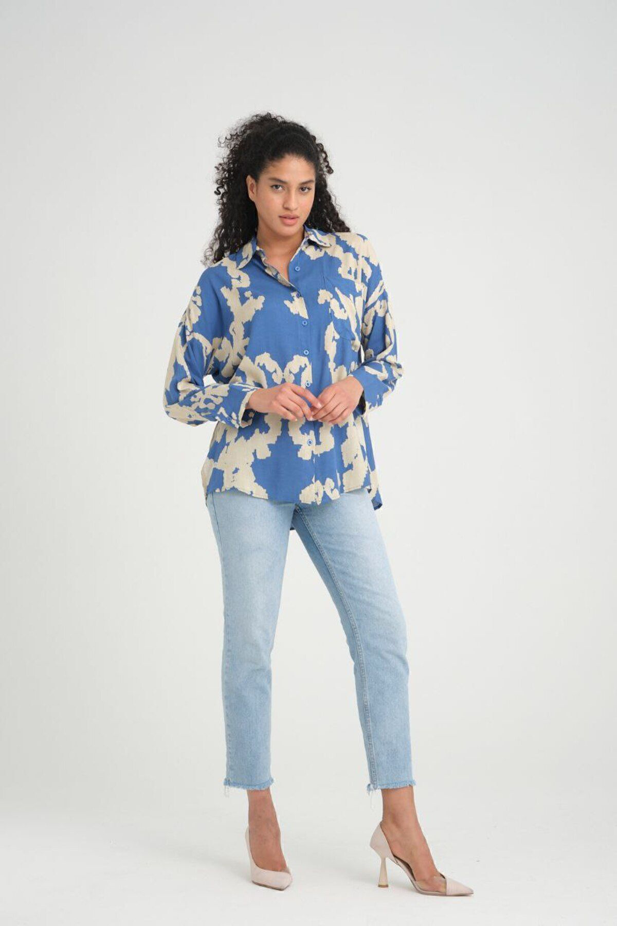 Kadın Viskon Uzun Kollu Pliseli Dökümlü Bol Kesim Yazlık Tunik Gö