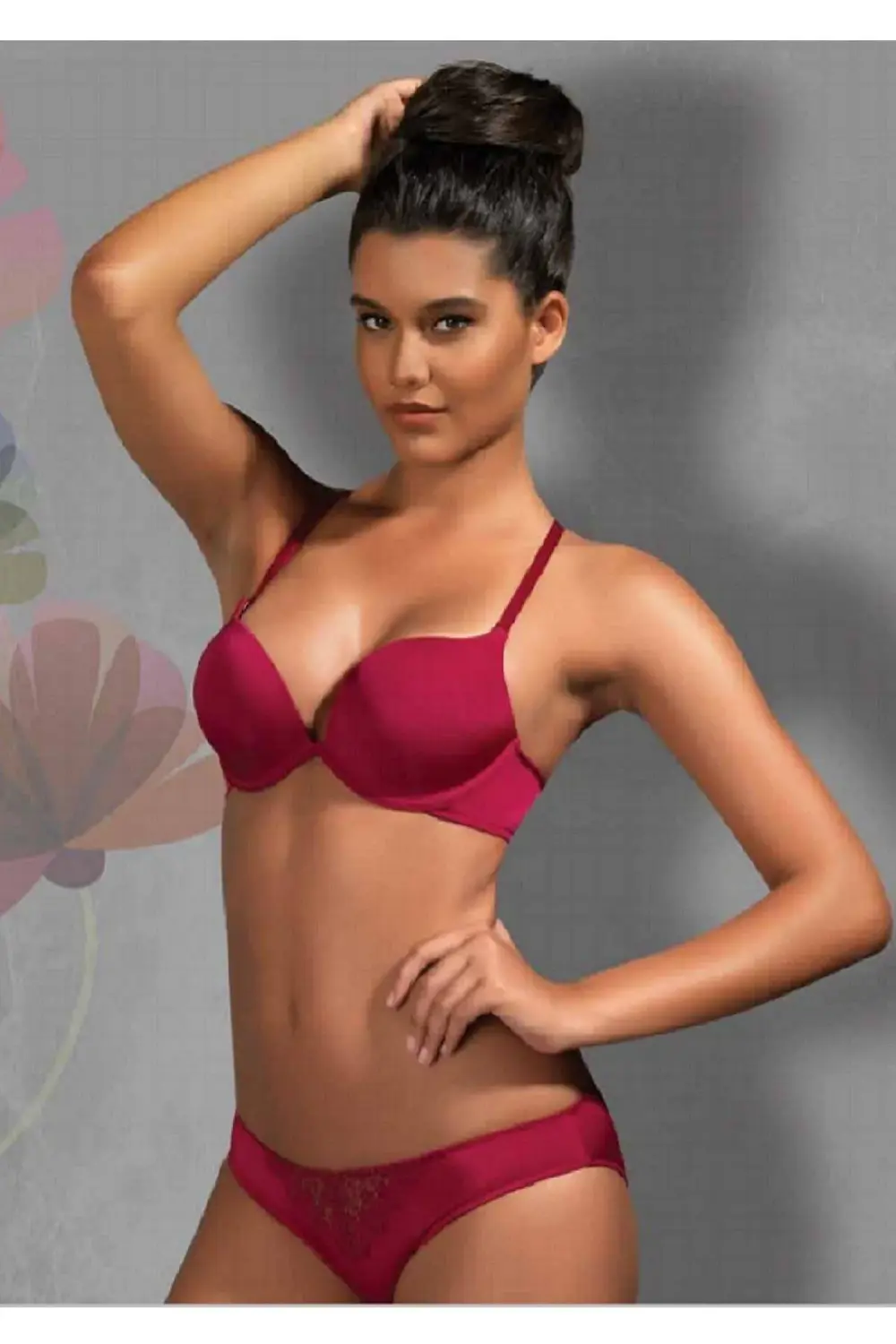 Kadın Vişne Ekstra Destekli Push Up Sırtı Çapraz Dantelli Sütyen