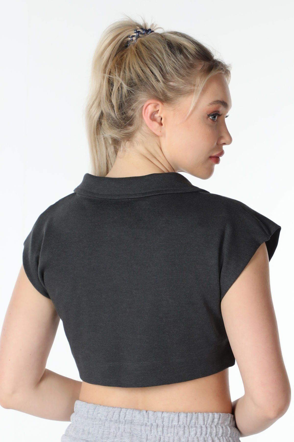 Defys Kadin Yaka Detayli Crop Antrasit