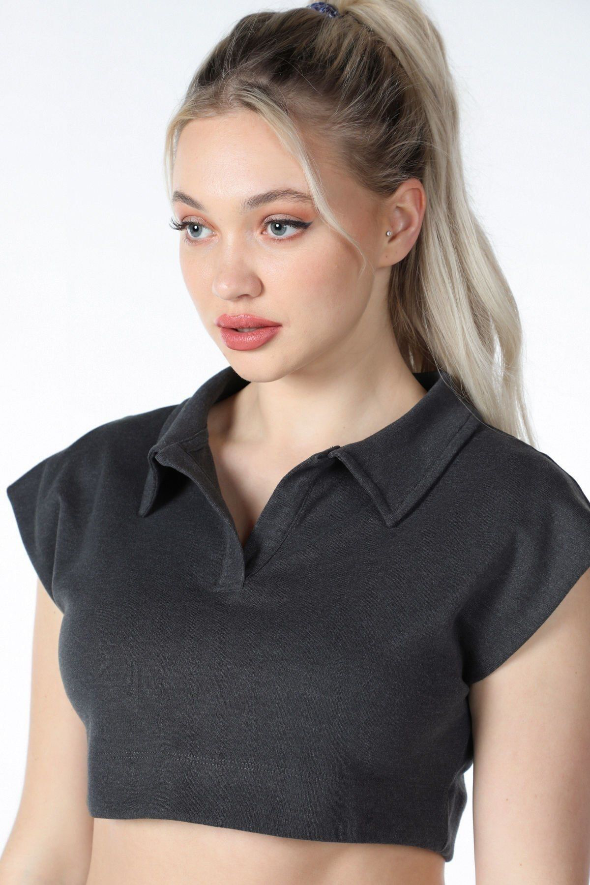 Defys Kadin Yaka Detayli Crop Antrasit