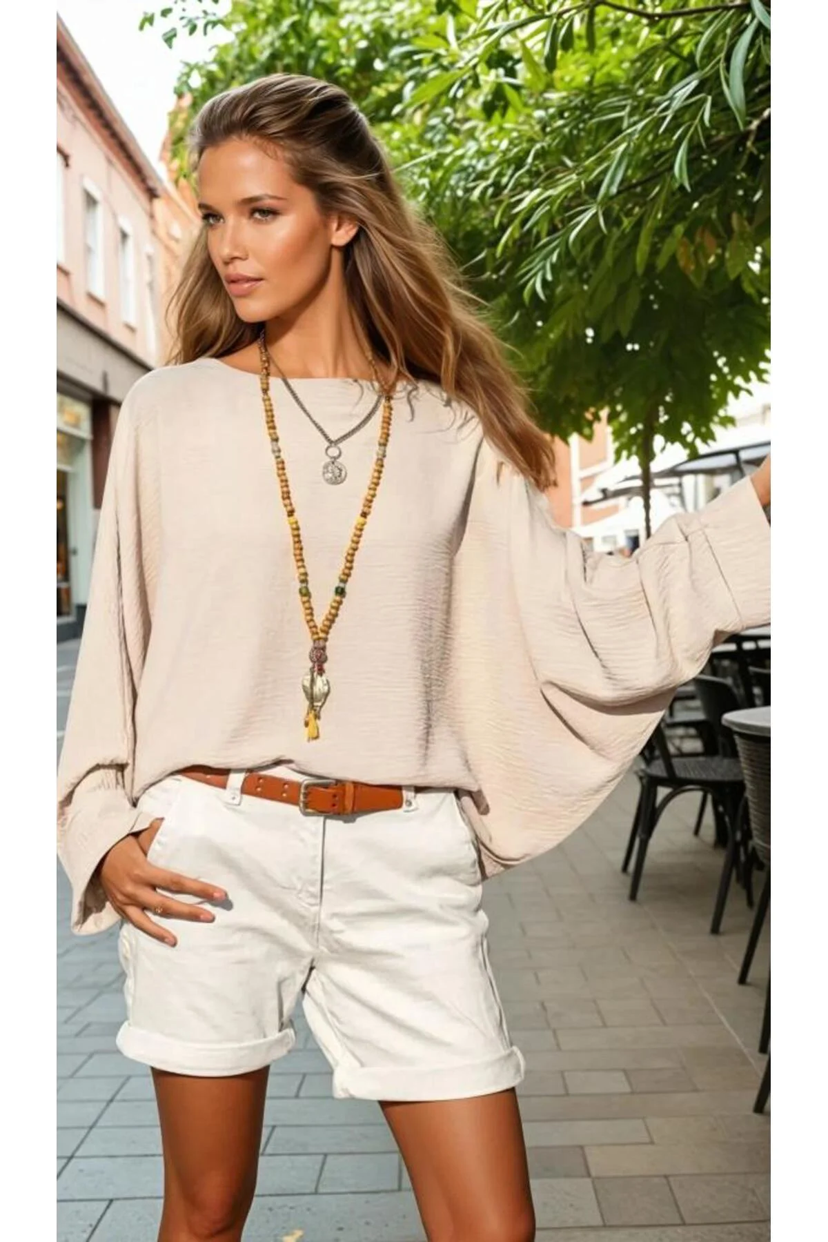 Kadın Yarasa Duble Kol Salaş Ekstra Oversize Rahat Yuvarlak Yaka Bluz Bej 700-2943308