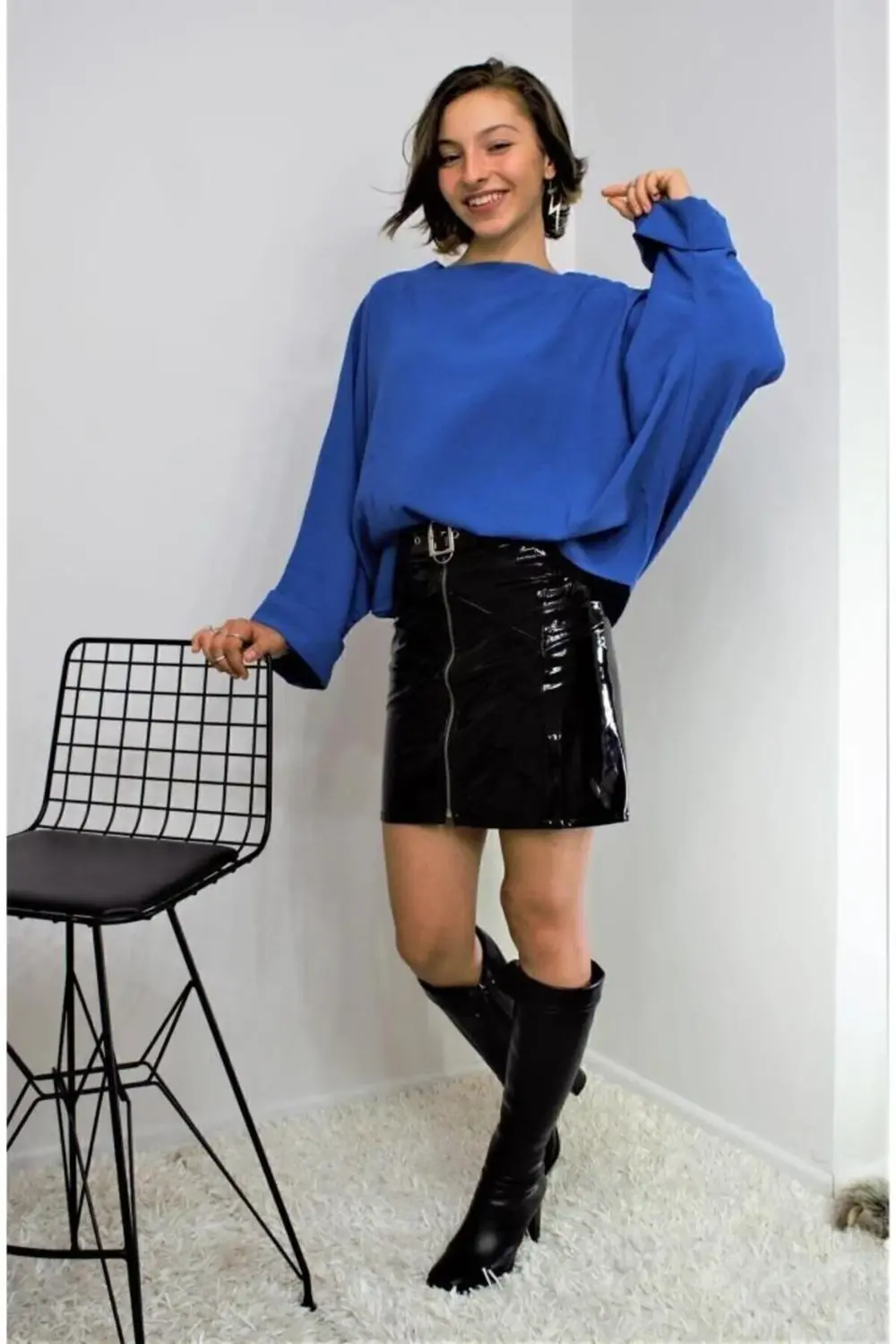 Kadın Yarasa Duble Kol Salaş Ekstra Oversize Rahat Yuvarlak Yaka