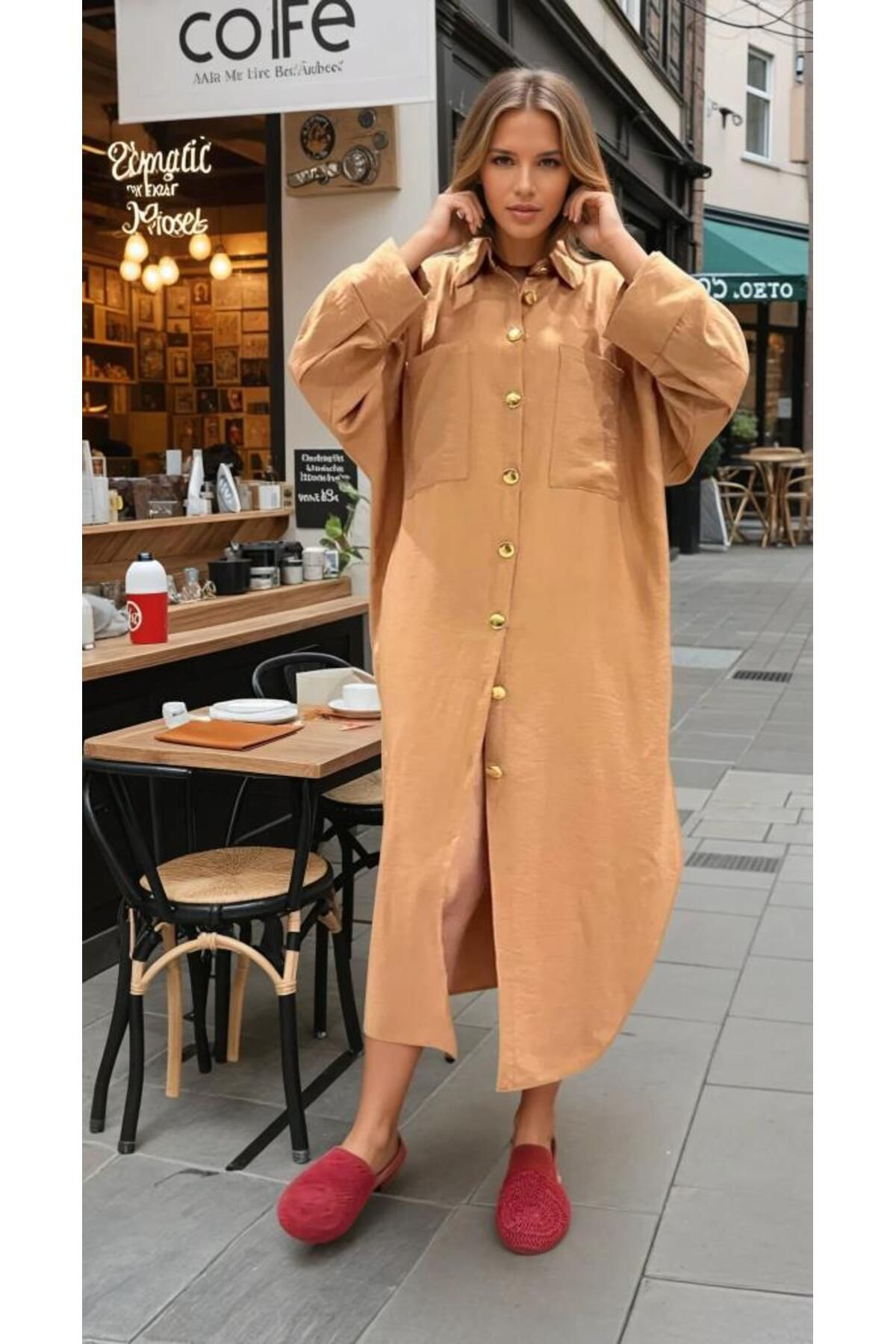 Pasaklı Giyim Kadın Yarasa Kol Tesettüre Uygun Gömlek Elbise Keten Karışımlı Tu