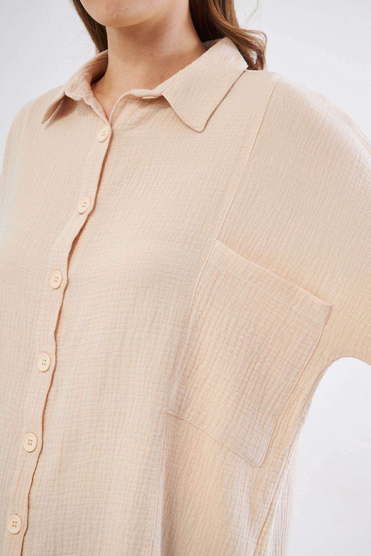 Yıldızistan Kadın Yarasa Kol Dokulu Cepli Uzun Spor Gömlek Taş 3406260