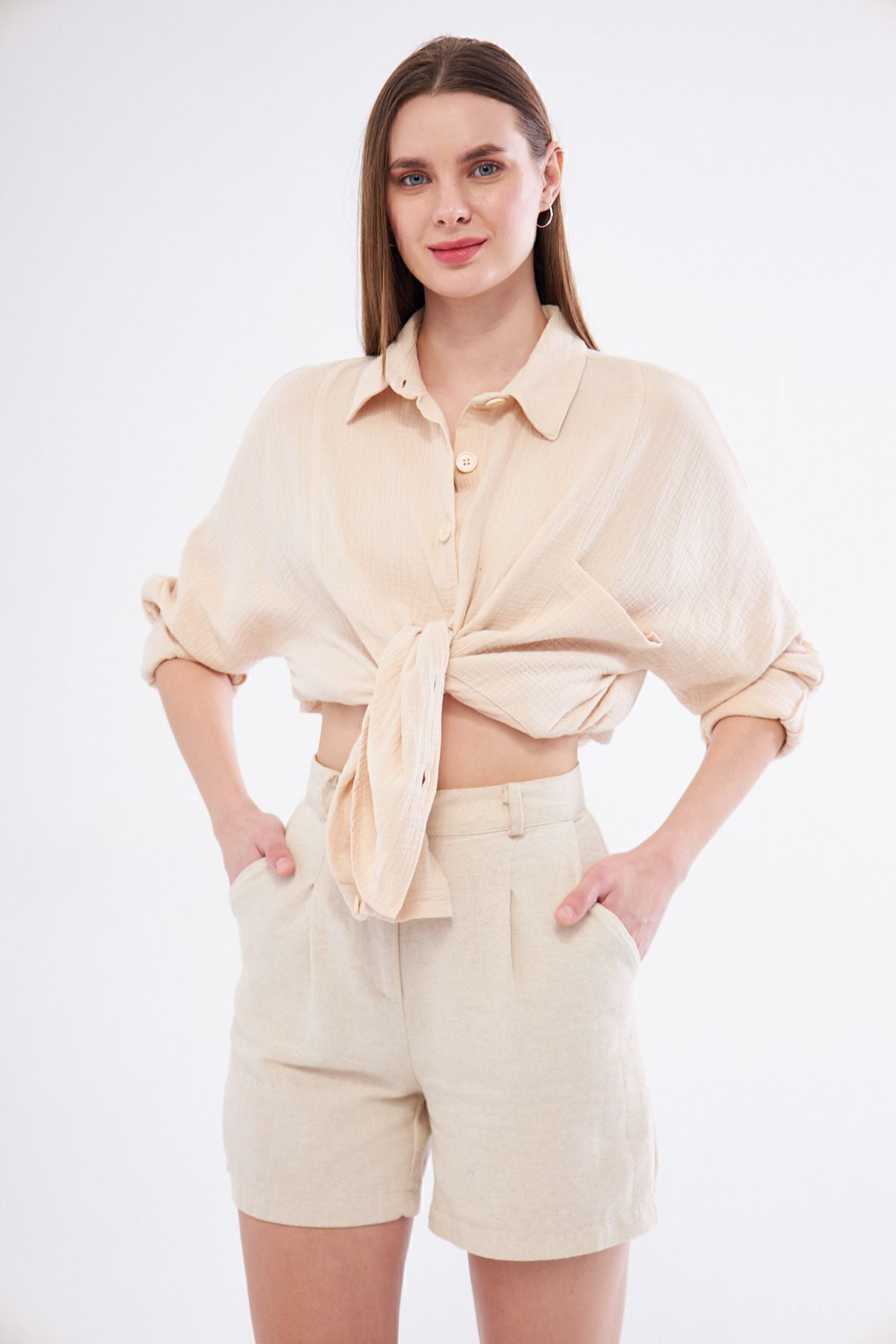 Yıldızistan Kadın Yarasa Kol Dokulu Cepli Uzun Spor Gömlek Taş 3406260